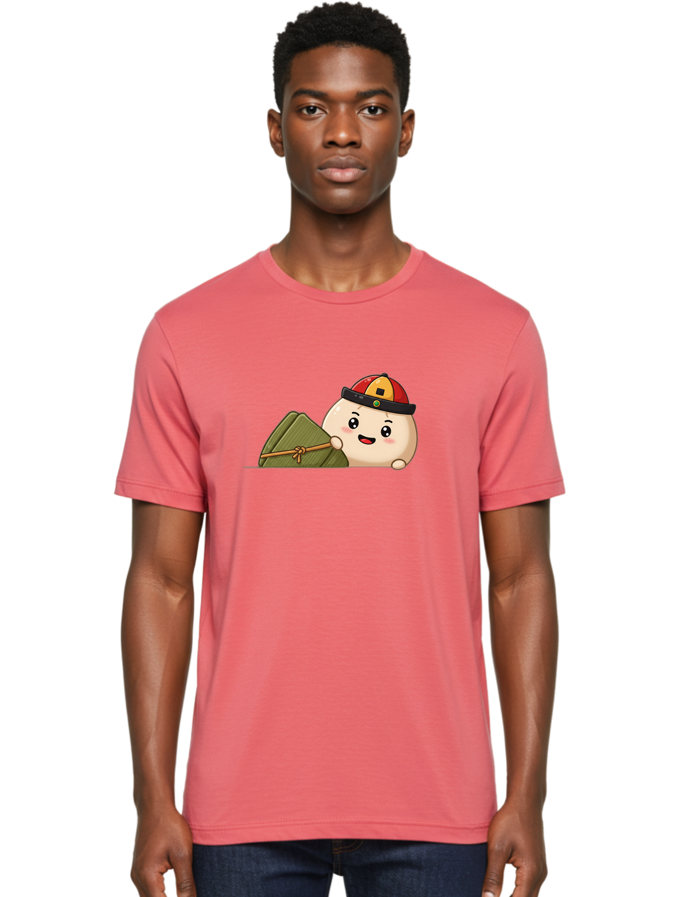 Rice-Dumpling Men'S Graphic Tee, 100% Cotton, Comfortable Casual Summer Wear, Machine Washable, Cartoon Dumpling Character, Red And Yellow Cap, Zongzi, Traditional Chinese Food, Dragon Boat Festival, Cute, Adorable, Kawaii, Character Design, Bab339