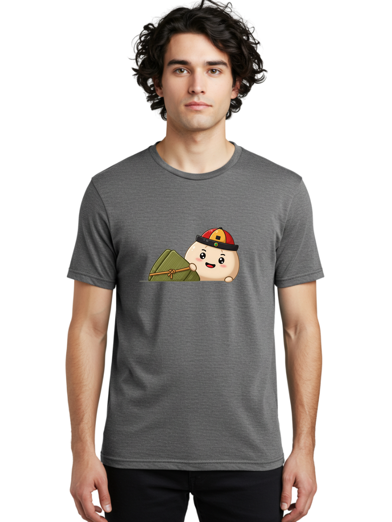 Rice-Dumpling Men'S Graphic Tee, 100% Cotton, Comfortable Casual Summer Wear, Machine Washable, Cartoon Dumpling Character, Red And Yellow Cap, Zongzi, Traditional Chinese Food, Dragon Boat Festival, Cute, Adorable, Kawaii, Character Design, Bab339