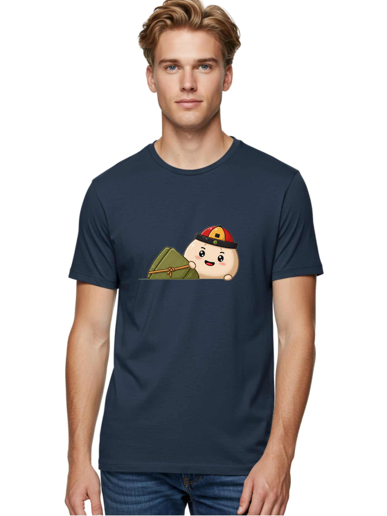 Rice-Dumpling Men'S Graphic Tee, 100% Cotton, Comfortable Casual Summer Wear, Machine Washable, Cartoon Dumpling Character, Red And Yellow Cap, Zongzi, Traditional Chinese Food, Dragon Boat Festival, Cute, Adorable, Kawaii, Character Design, Bab339