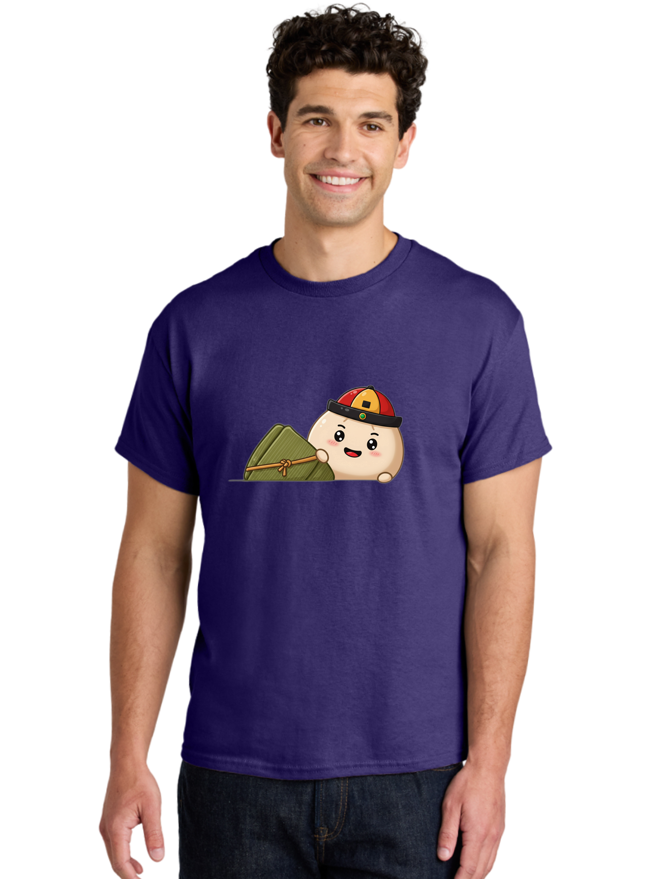 Rice-Dumpling Men'S Graphic Tee, 100% Cotton, Comfortable Casual Summer Wear, Machine Washable, Cartoon Dumpling Character, Red And Yellow Cap, Zongzi, Traditional Chinese Food, Dragon Boat Festival, Cute, Adorable, Kawaii, Character Design, Bab339