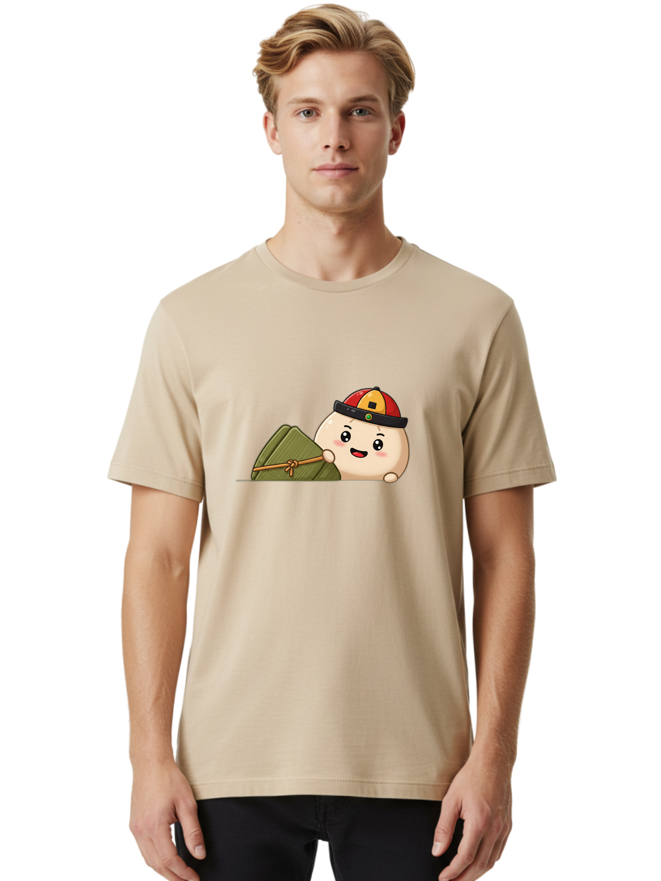Rice-Dumpling Men'S Graphic Tee, 100% Cotton, Comfortable Casual Summer Wear, Machine Washable, Cartoon Dumpling Character, Red And Yellow Cap, Zongzi, Traditional Chinese Food, Dragon Boat Festival, Cute, Adorable, Kawaii, Character Design, Bab339