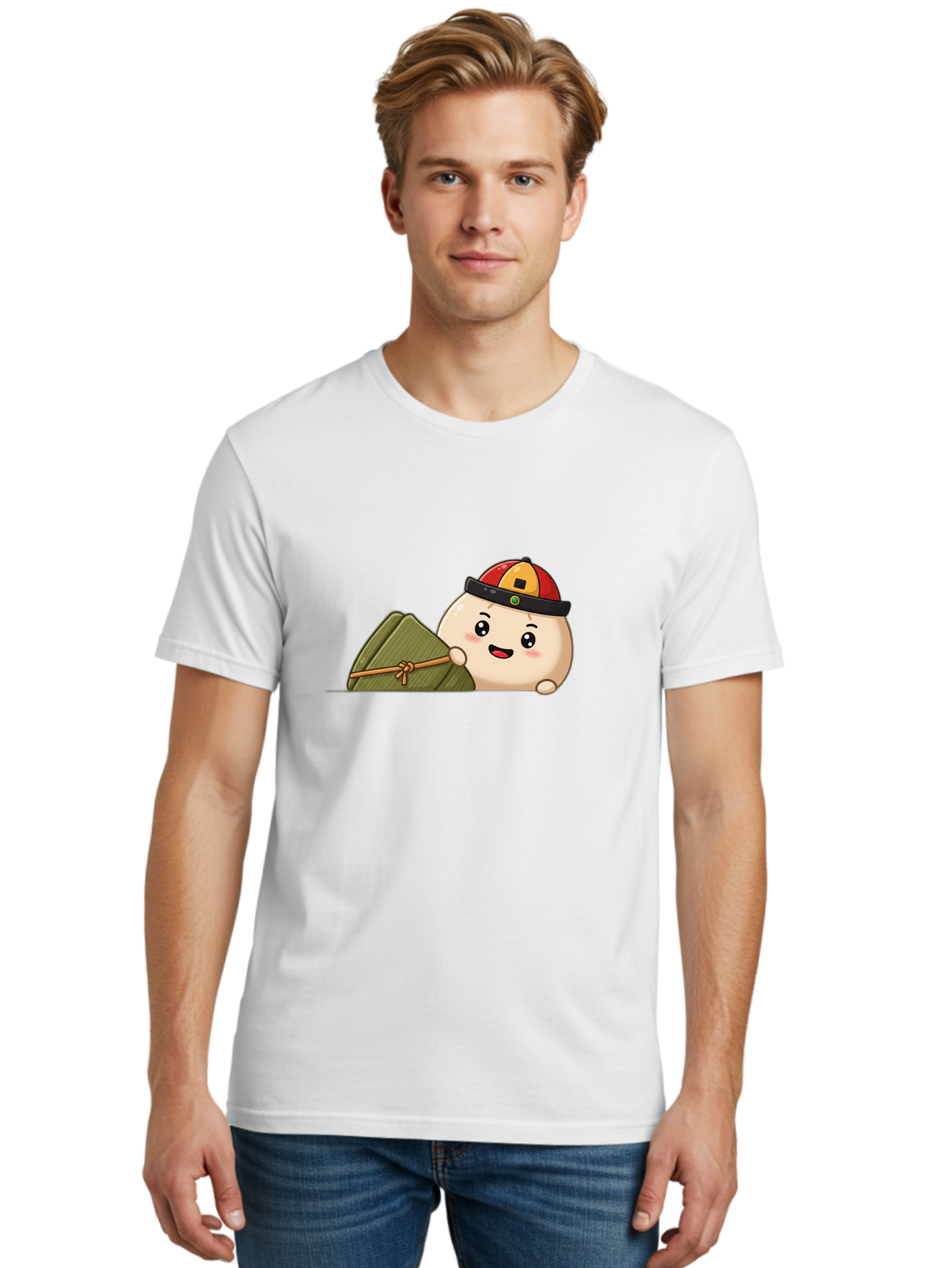 Rice-Dumpling Men'S Graphic Tee, 100% Cotton, Comfortable Casual Summer Wear, Machine Washable, Cartoon Dumpling Character, Red And Yellow Cap, Zongzi, Traditional Chinese Food, Dragon Boat Festival, Cute, Adorable, Kawaii, Character Design, Bab339