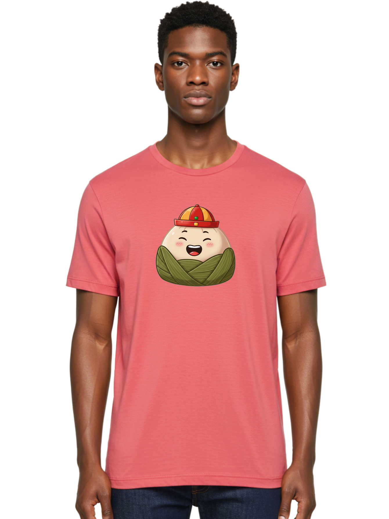 Rice-Dumplings Men'S Graphic Tee, 100% Cotton, Comfortable Casual Summer Wear, Machine Washable, Cartoon Zongzi, Traditional Chinese Food, Happy Face, Red And Yellow Hat, Green Wrapping, Joyful Expression, Chinese Culture, Festive Food, Bab340