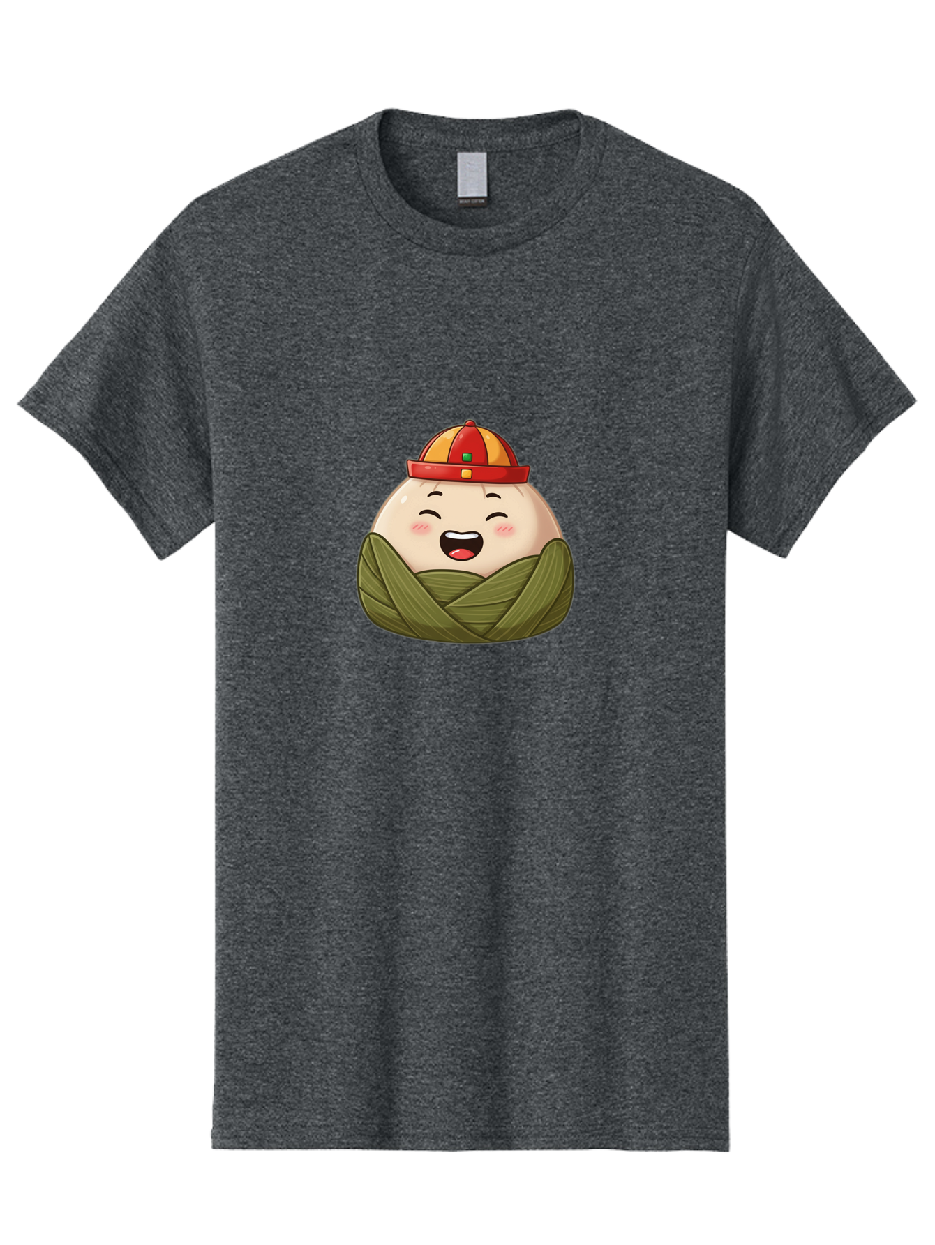 Rice-Dumplings Men'S Graphic Tee, 100% Cotton, Comfortable Casual Summer Wear, Machine Washable, Cartoon Zongzi, Traditional Chinese Food, Happy Face, Red And Yellow Hat, Green Wrapping, Joyful Expression, Chinese Culture, Festive Food, Bab340