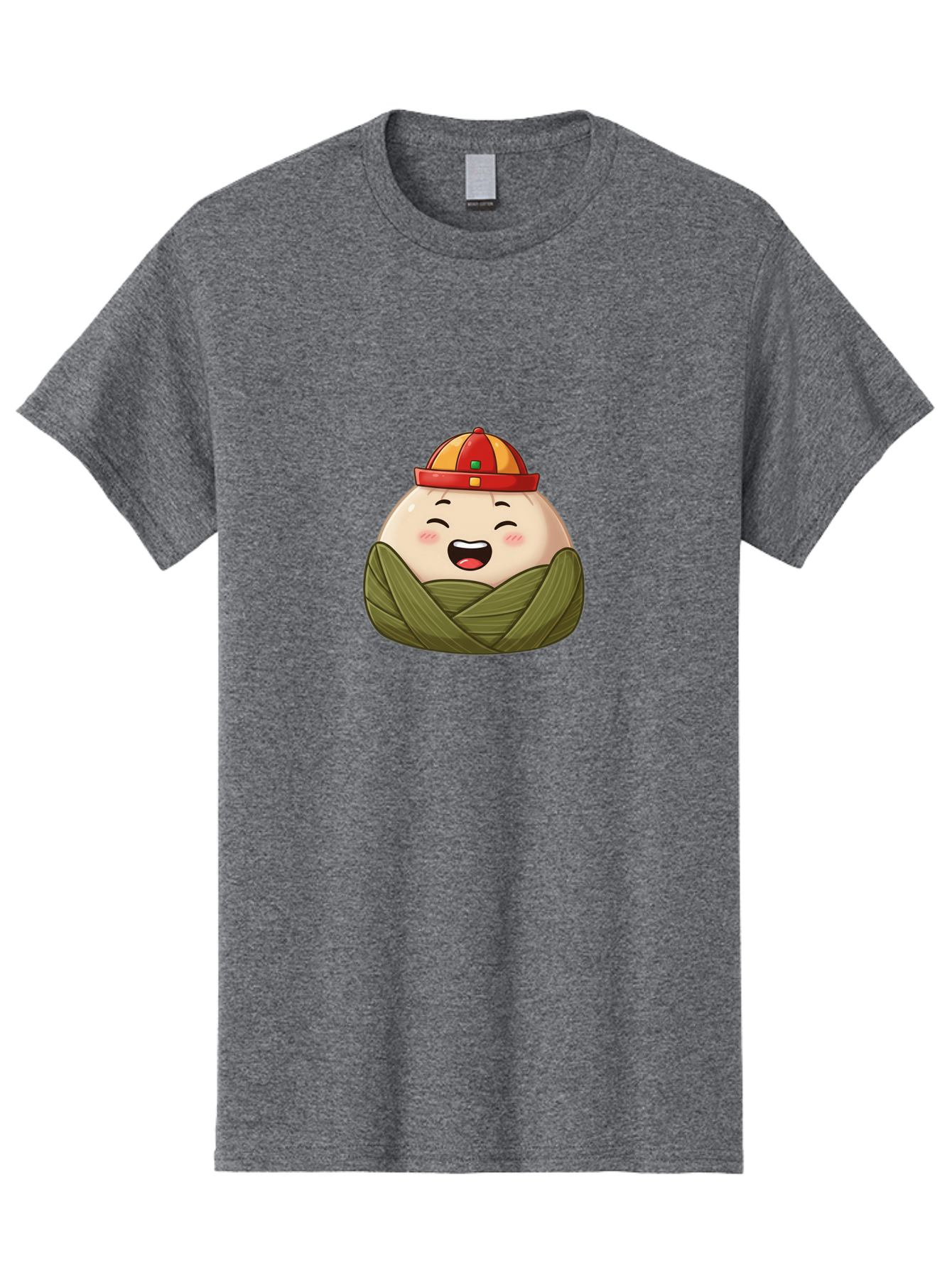 Rice-Dumplings Men'S Graphic Tee, 100% Cotton, Comfortable Casual Summer Wear, Machine Washable, Cartoon Zongzi, Traditional Chinese Food, Happy Face, Red And Yellow Hat, Green Wrapping, Joyful Expression, Chinese Culture, Festive Food, Bab340