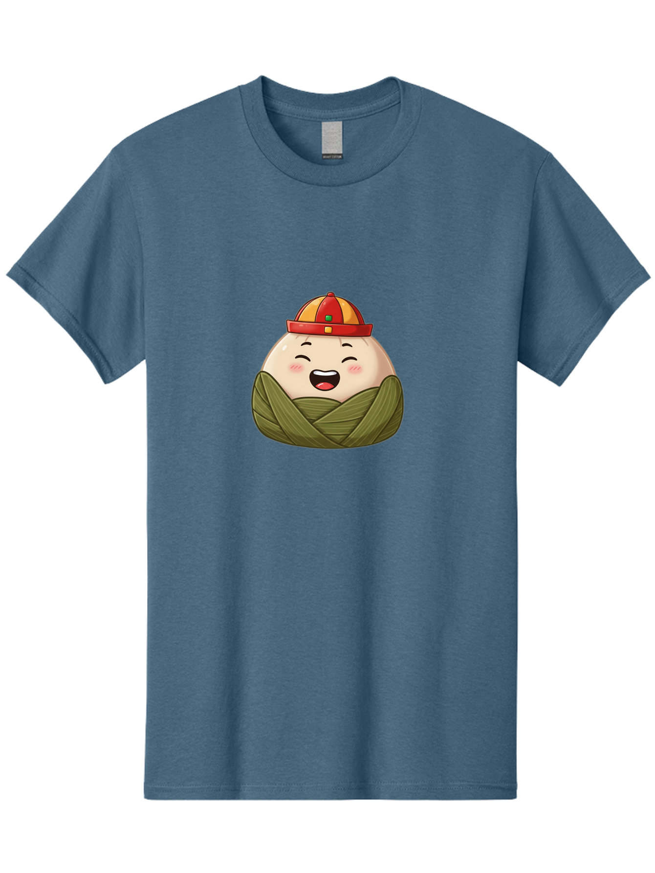 Rice-Dumplings Men'S Graphic Tee, 100% Cotton, Comfortable Casual Summer Wear, Machine Washable, Cartoon Zongzi, Traditional Chinese Food, Happy Face, Red And Yellow Hat, Green Wrapping, Joyful Expression, Chinese Culture, Festive Food, Bab340