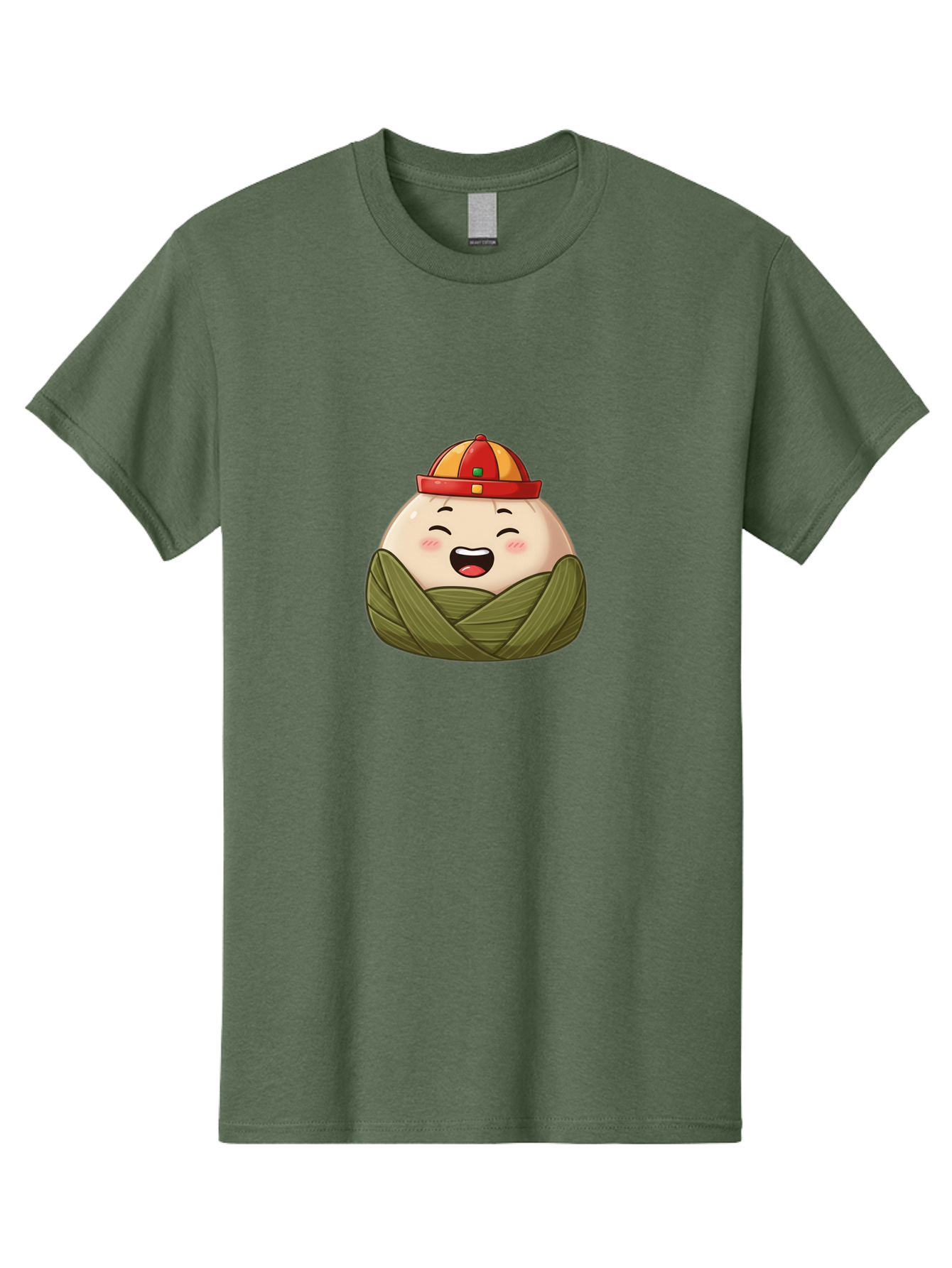 Rice-Dumplings Men'S Graphic Tee, 100% Cotton, Comfortable Casual Summer Wear, Machine Washable, Cartoon Zongzi, Traditional Chinese Food, Happy Face, Red And Yellow Hat, Green Wrapping, Joyful Expression, Chinese Culture, Festive Food, Bab340