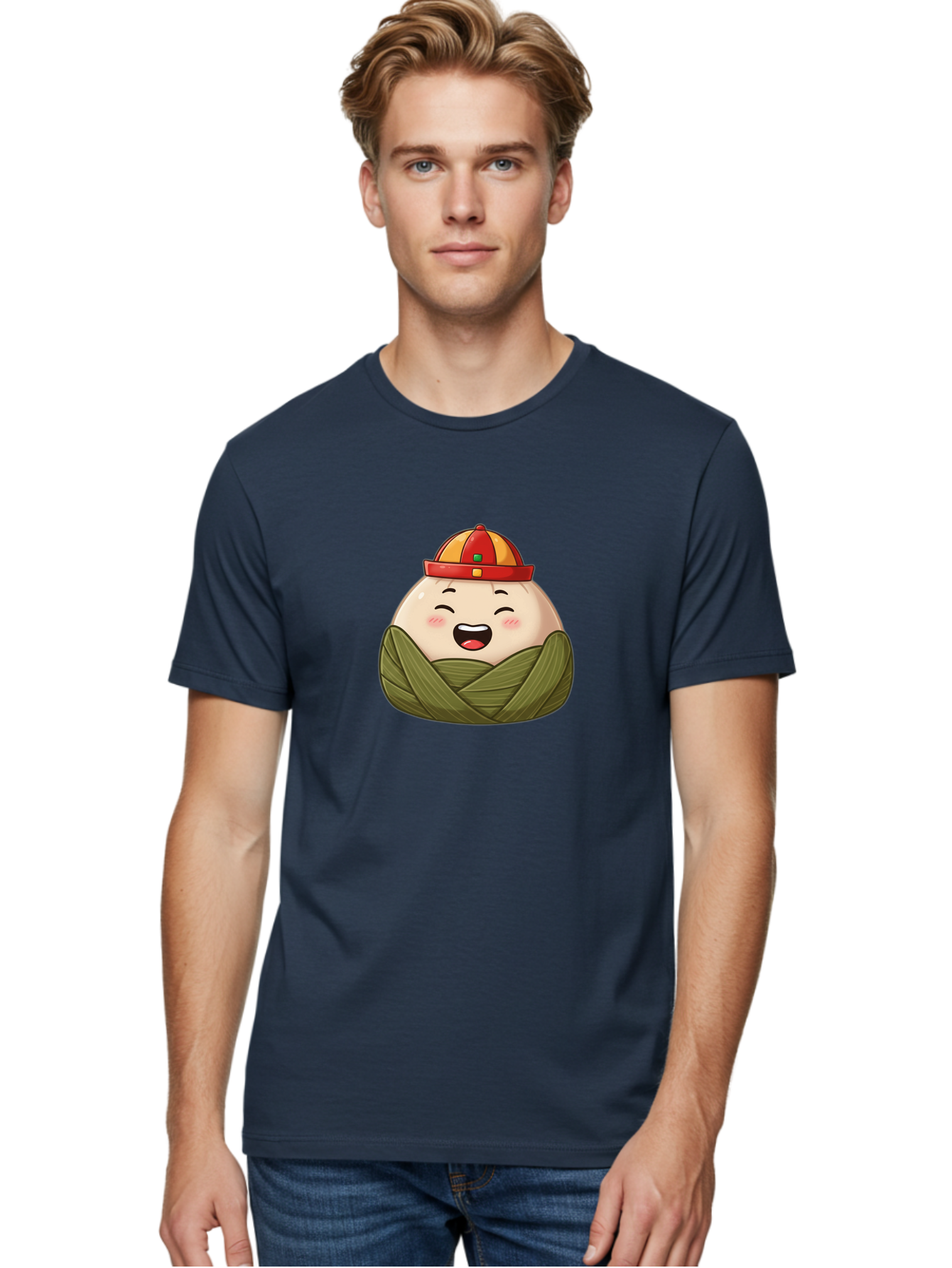 Rice-Dumplings Men'S Graphic Tee, 100% Cotton, Comfortable Casual Summer Wear, Machine Washable, Cartoon Zongzi, Traditional Chinese Food, Happy Face, Red And Yellow Hat, Green Wrapping, Joyful Expression, Chinese Culture, Festive Food, Bab340