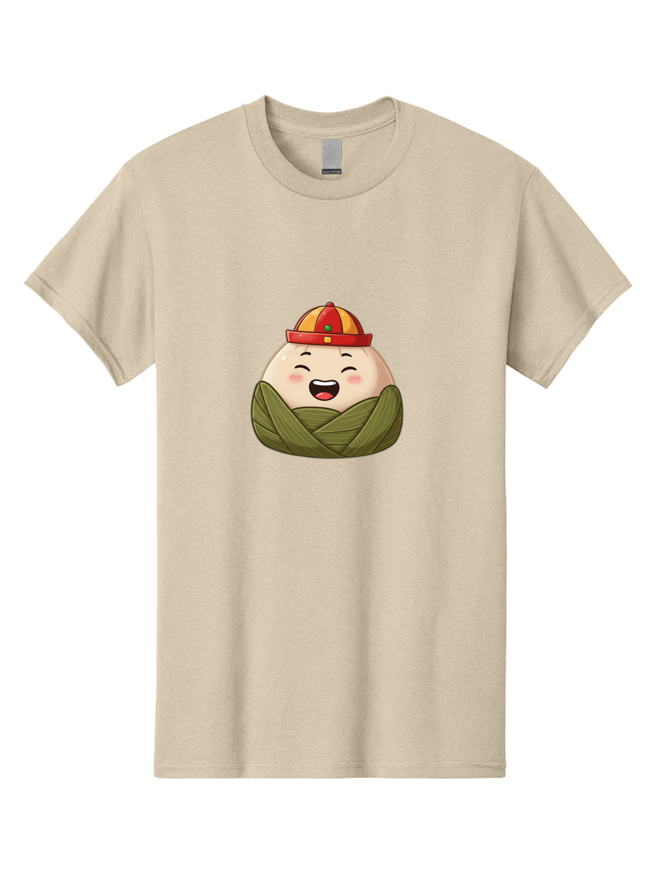 Rice-Dumplings Men'S Graphic Tee, 100% Cotton, Comfortable Casual Summer Wear, Machine Washable, Cartoon Zongzi, Traditional Chinese Food, Happy Face, Red And Yellow Hat, Green Wrapping, Joyful Expression, Chinese Culture, Festive Food, Bab340