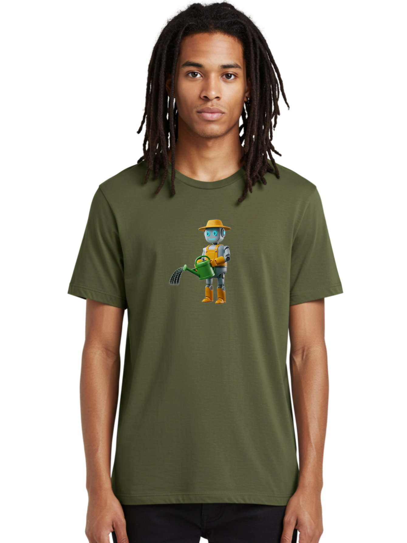 Robot-Gardener Men'S Graphic Tee, 100% Cotton, Comfortable Casual Summer Wear, Machine Washable, Robot Character, Gardening Robot, Watering Can, Yellow Hat, Orange Boots, Futuristic Gardening, Robotic Gardening Tools, Cartoon Robot, Bab350
