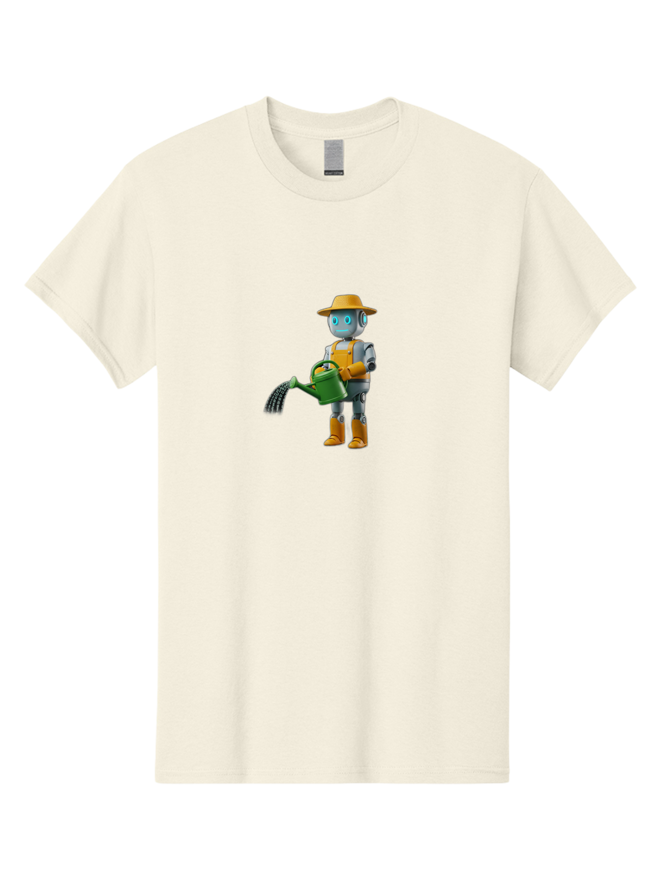 Robot-Gardener Men'S Graphic Tee, 100% Cotton, Comfortable Casual Summer Wear, Machine Washable, Robot Character, Gardening Robot, Watering Can, Yellow Hat, Orange Boots, Futuristic Gardening, Robotic Gardening Tools, Cartoon Robot, Bab350