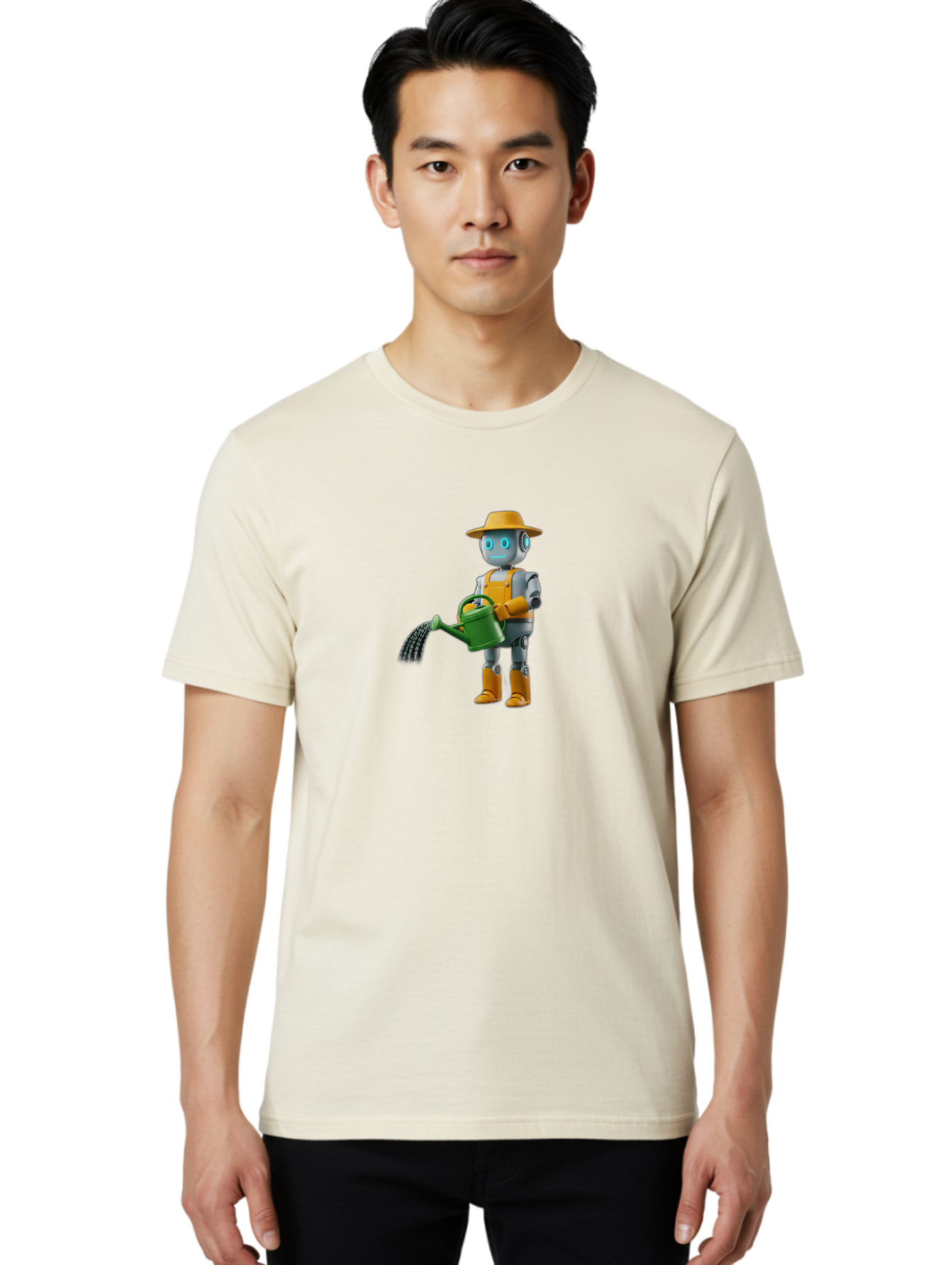 Robot-Gardener Men'S Graphic Tee, 100% Cotton, Comfortable Casual Summer Wear, Machine Washable, Robot Character, Gardening Robot, Watering Can, Yellow Hat, Orange Boots, Futuristic Gardening, Robotic Gardening Tools, Cartoon Robot, Bab350