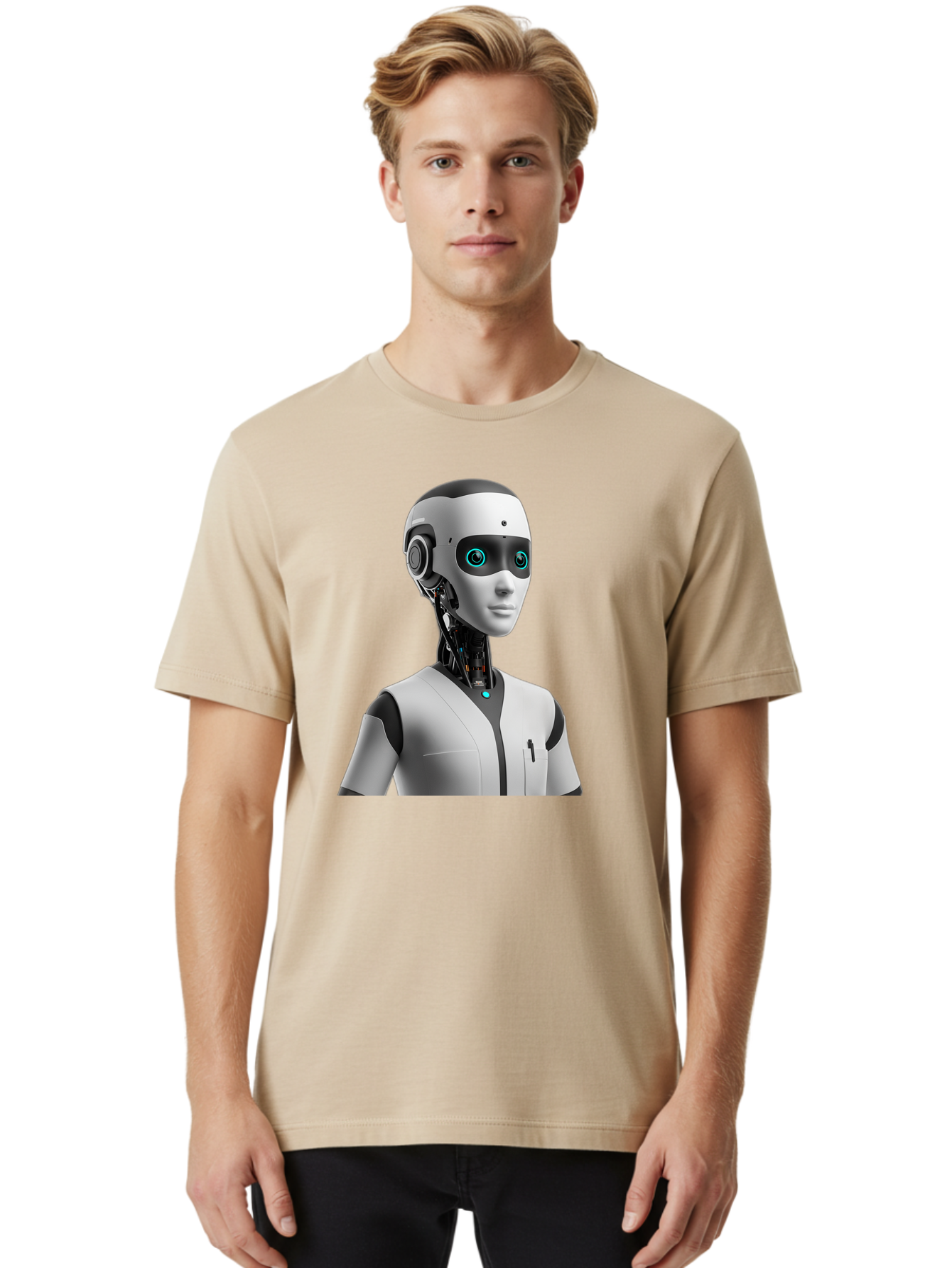Robot-Head-1 Men'S Graphic Tee, 100% Cotton, Comfortable Casual Summer Wear, Machine Washable, Humanoid Robot, Futuristic Design, Artificial Intelligence, Robotic Features, Cybernetic Enhancements, Advanced Technology, Futuristic Character, Bab351