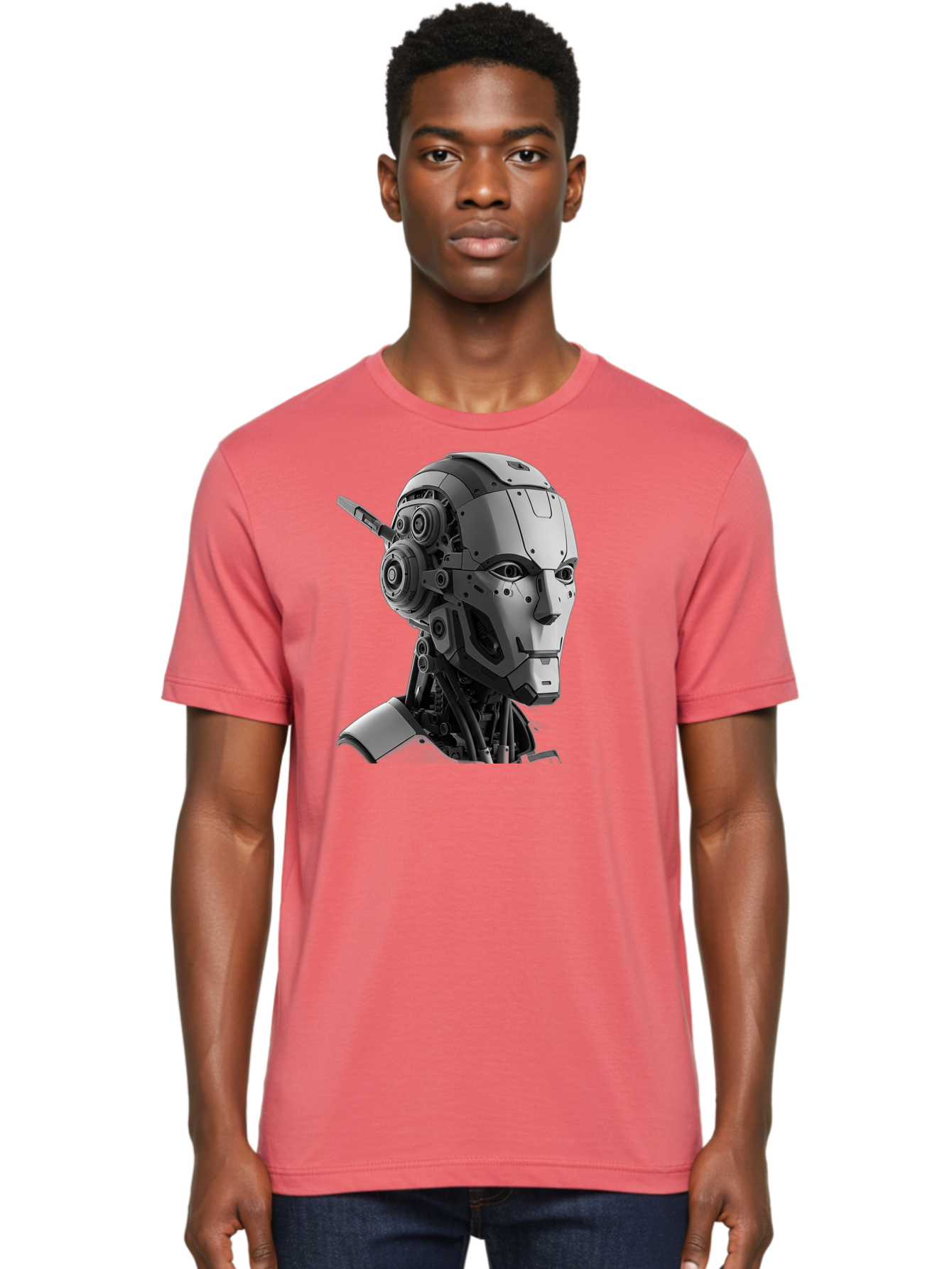 Robot-Head Men'S Graphic Tee, 100% Cotton, Comfortable Casual Summer Wear, Machine Washable, Robotic Head, Futuristic Design, Mechanical Face, Gray Metallic Finish, Technological Innovation, Advanced Robotics, Artificial Intelligence, Bab352