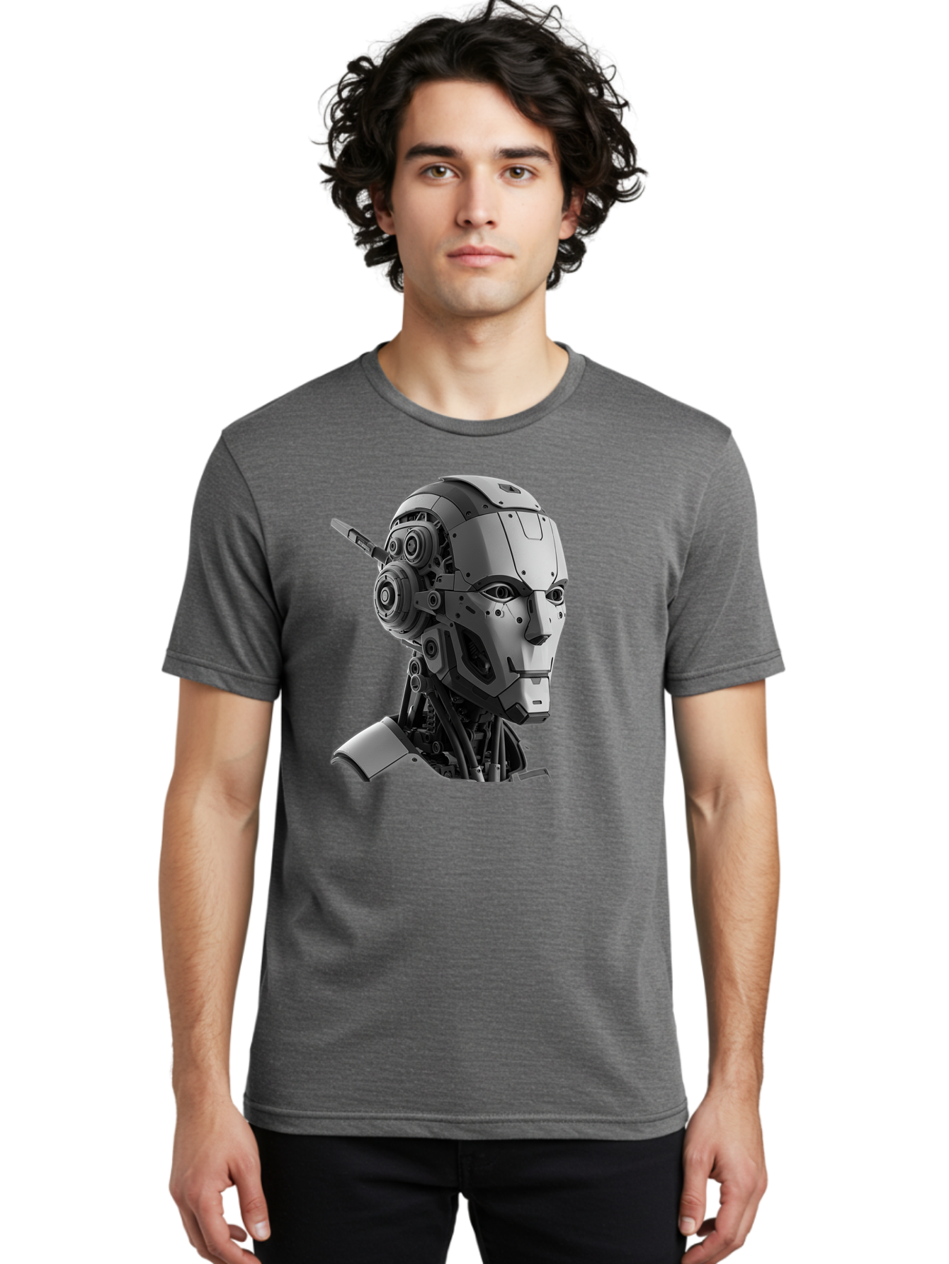 Robot-Head Men'S Graphic Tee, 100% Cotton, Comfortable Casual Summer Wear, Machine Washable, Robotic Head, Futuristic Design, Mechanical Face, Gray Metallic Finish, Technological Innovation, Advanced Robotics, Artificial Intelligence, Bab352