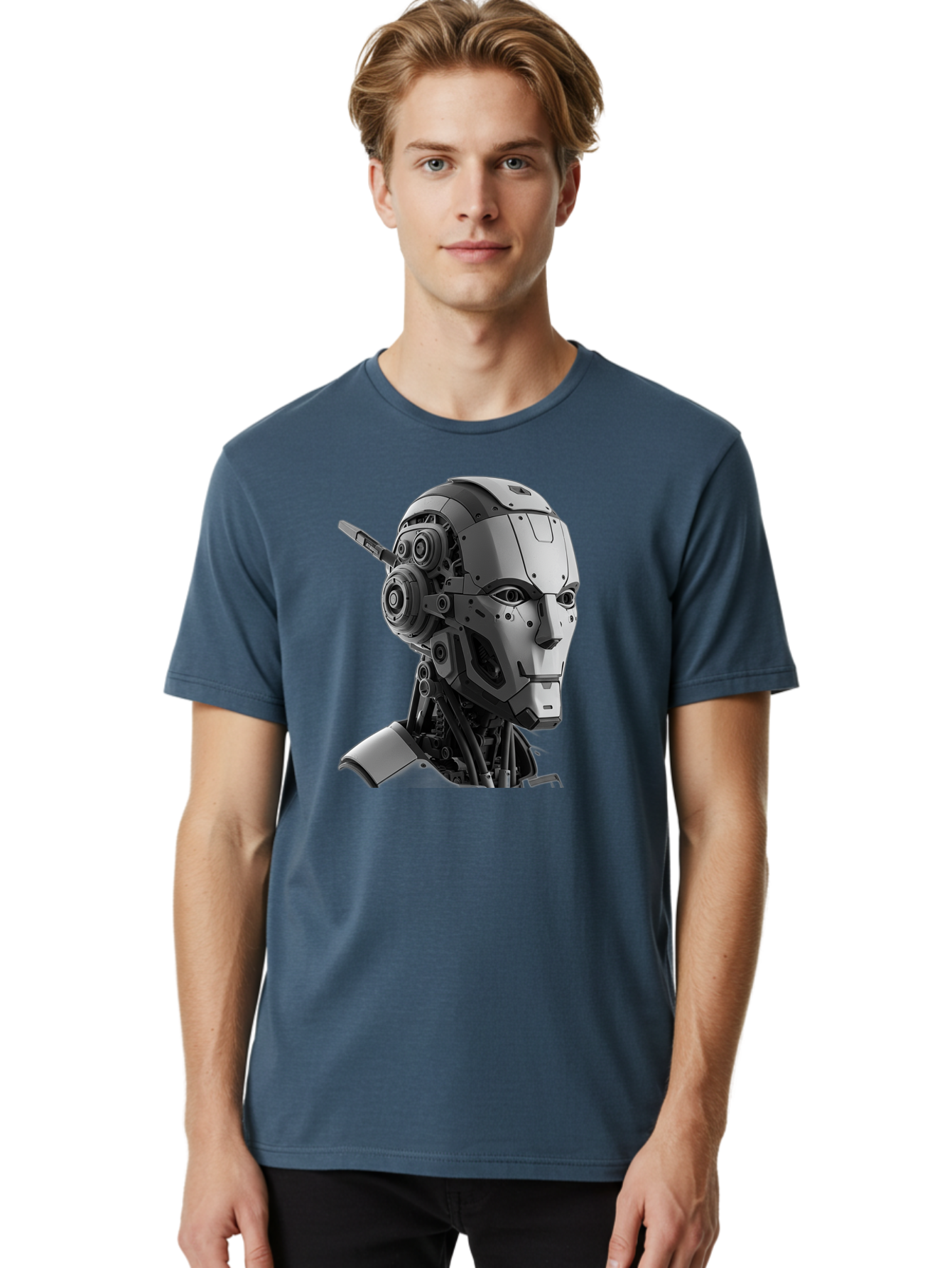 Robot-Head Men'S Graphic Tee, 100% Cotton, Comfortable Casual Summer Wear, Machine Washable, Robotic Head, Futuristic Design, Mechanical Face, Gray Metallic Finish, Technological Innovation, Advanced Robotics, Artificial Intelligence, Bab352