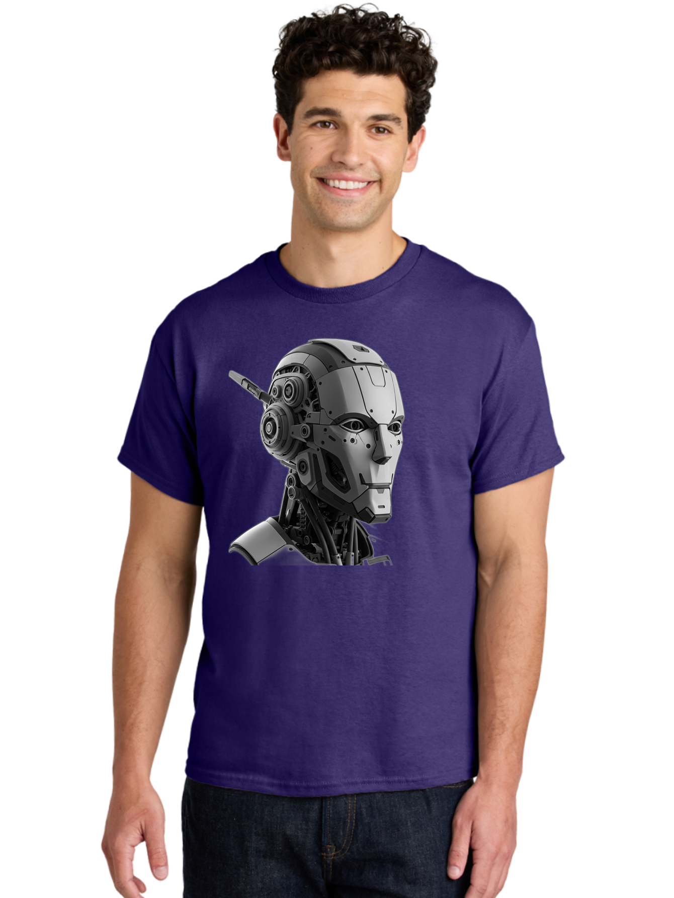 Robot-Head Men'S Graphic Tee, 100% Cotton, Comfortable Casual Summer Wear, Machine Washable, Robotic Head, Futuristic Design, Mechanical Face, Gray Metallic Finish, Technological Innovation, Advanced Robotics, Artificial Intelligence, Bab352