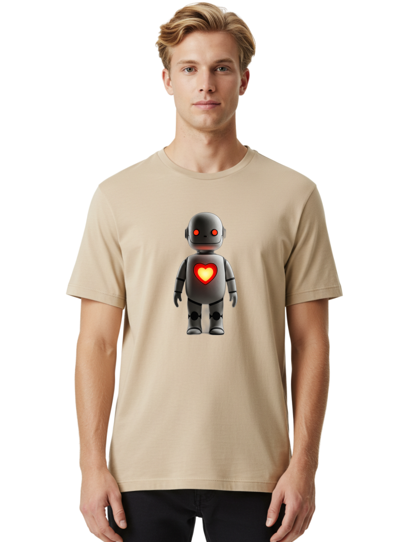 Robot-Heart Men'S Graphic Tee, 100% Cotton, Comfortable Casual Summer Wear, Machine Washable, Robot With Heart, Digital Art, Futuristic Design, Red Heart Symbol, Cyborg Illustration, Artificial Intelligence, Robot Love, Tech Design Bab353