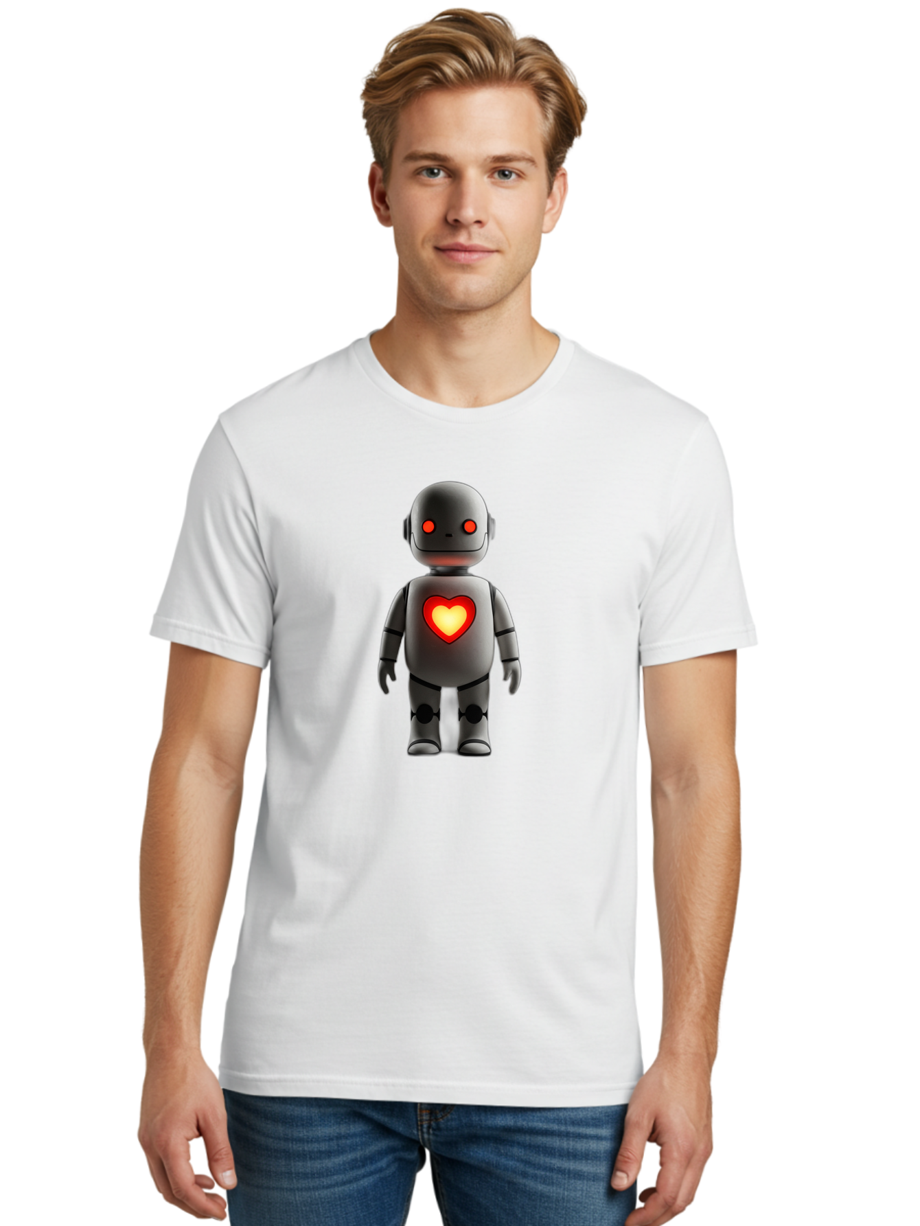 Robot-Heart Men'S Graphic Tee, 100% Cotton, Comfortable Casual Summer Wear, Machine Washable, Robot With Heart, Digital Art, Futuristic Design, Red Heart Symbol, Cyborg Illustration, Artificial Intelligence, Robot Love, Tech Design Bab353