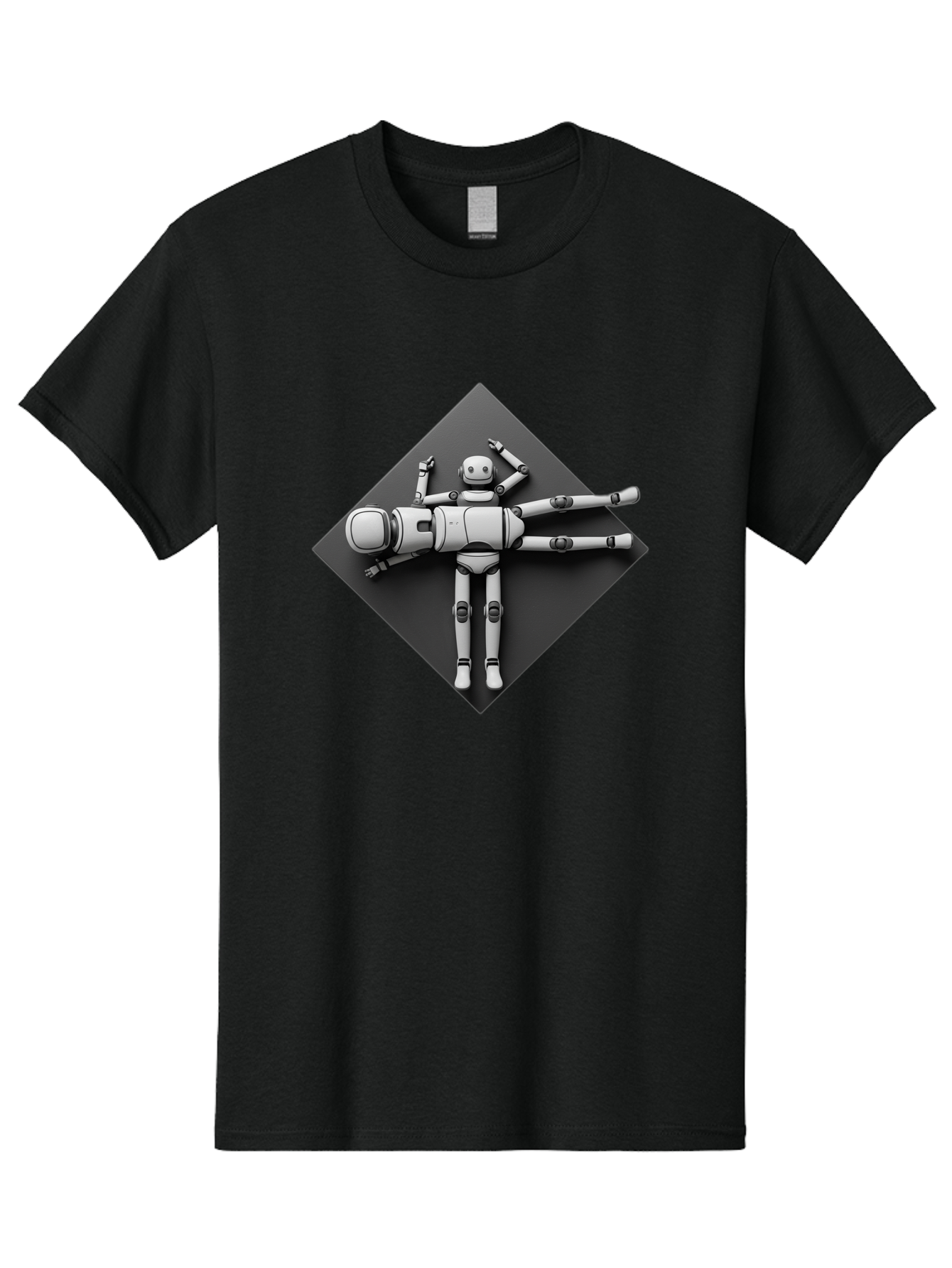 Robot-On-Dark-Square Men'S Graphic Tee, 100% Cotton, Comfortable Casual Summer Wear, Machine Washable, Robot Lying Down, Relaxation Pose, Mechanical Body, Futuristic Design, Artificial Intelligence, Modern Technology, Robot Resting, Bab355
