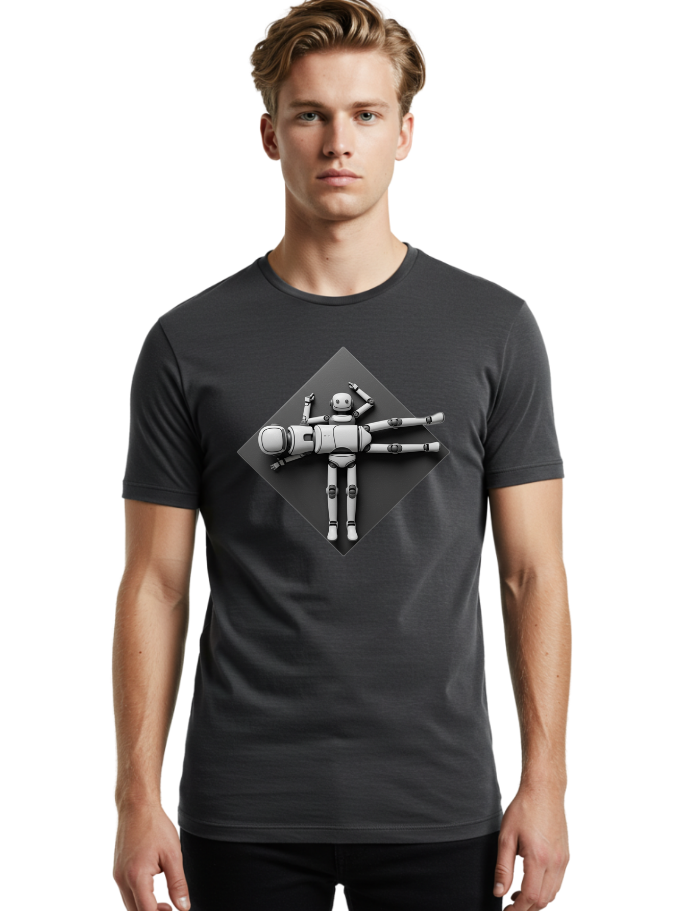 Robot-On-Dark-Square Men'S Graphic Tee, 100% Cotton, Comfortable Casual Summer Wear, Machine Washable, Robot Lying Down, Relaxation Pose, Mechanical Body, Futuristic Design, Artificial Intelligence, Modern Technology, Robot Resting, Bab355