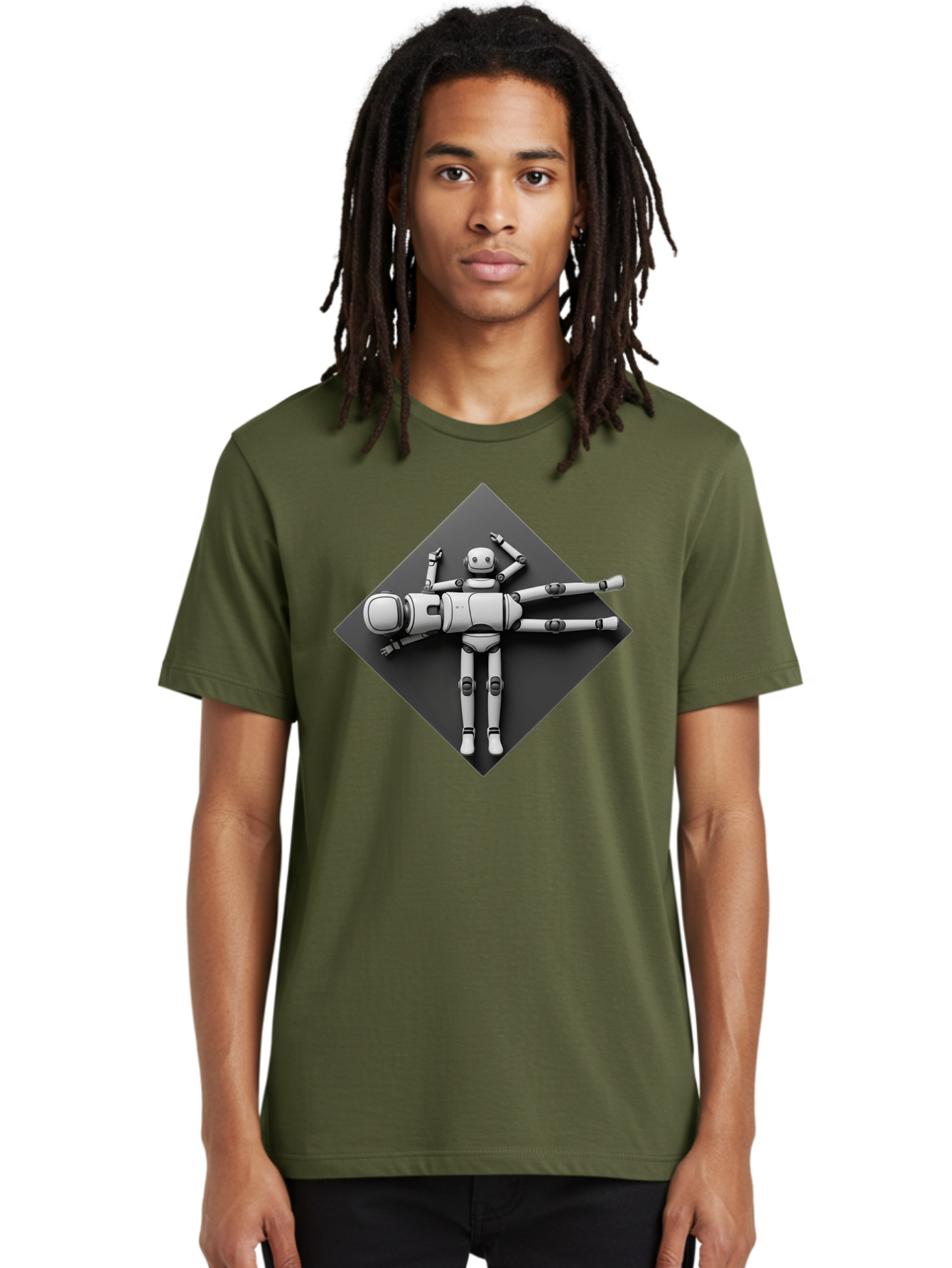 Robot-On-Dark-Square Men'S Graphic Tee, 100% Cotton, Comfortable Casual Summer Wear, Machine Washable, Robot Lying Down, Relaxation Pose, Mechanical Body, Futuristic Design, Artificial Intelligence, Modern Technology, Robot Resting, Bab355