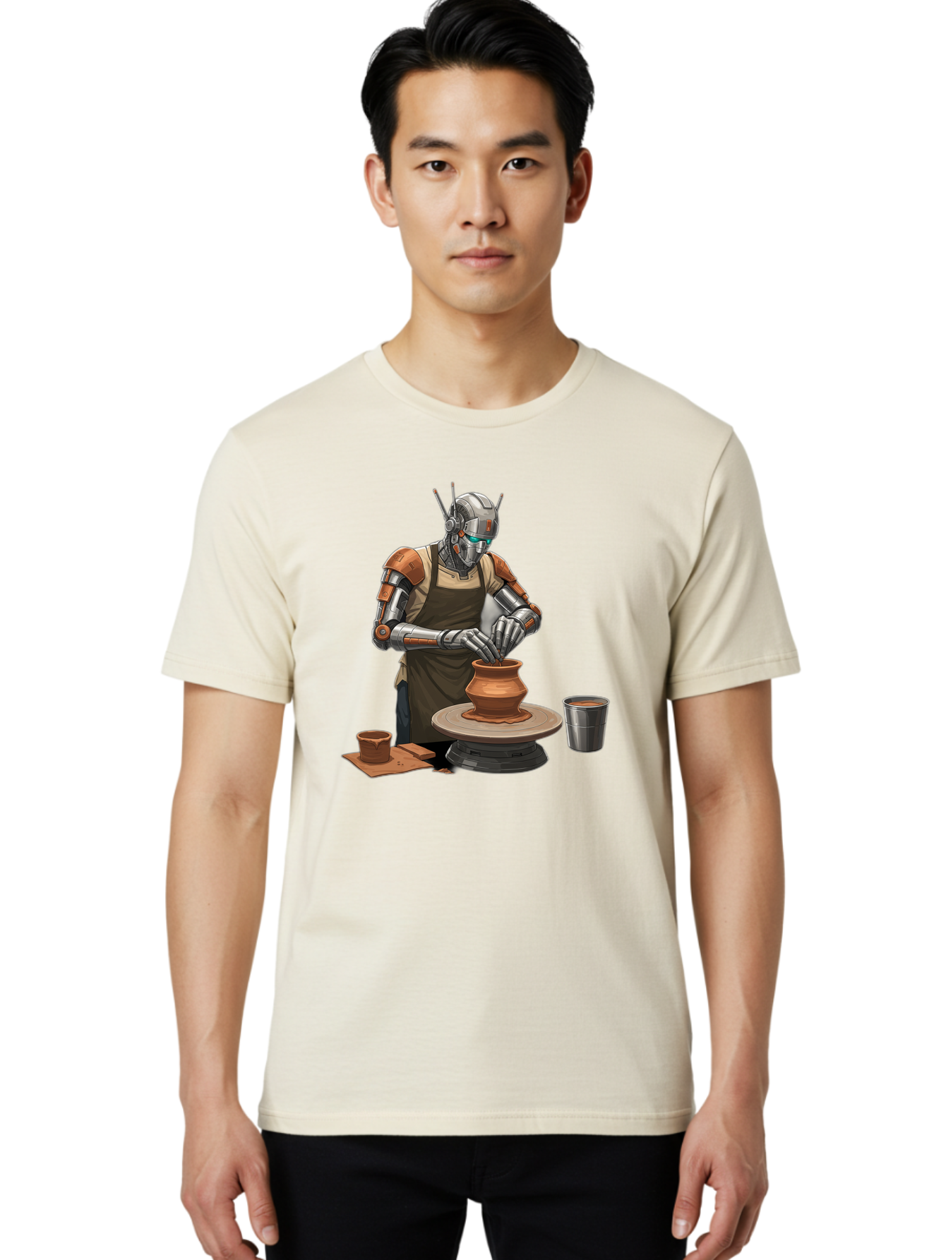 Robot-Potter Men'S Graphic Tee, 100% Cotton, Comfortable Casual Summer Wear, Machine Washable, Robot On Pottery Wheel, Clay Pot, Metal Cup, Robotic Hands, Creative Artwork, Futuristic Pottery, Artistic Creation, Mechanical Craftsmanship, Bab356