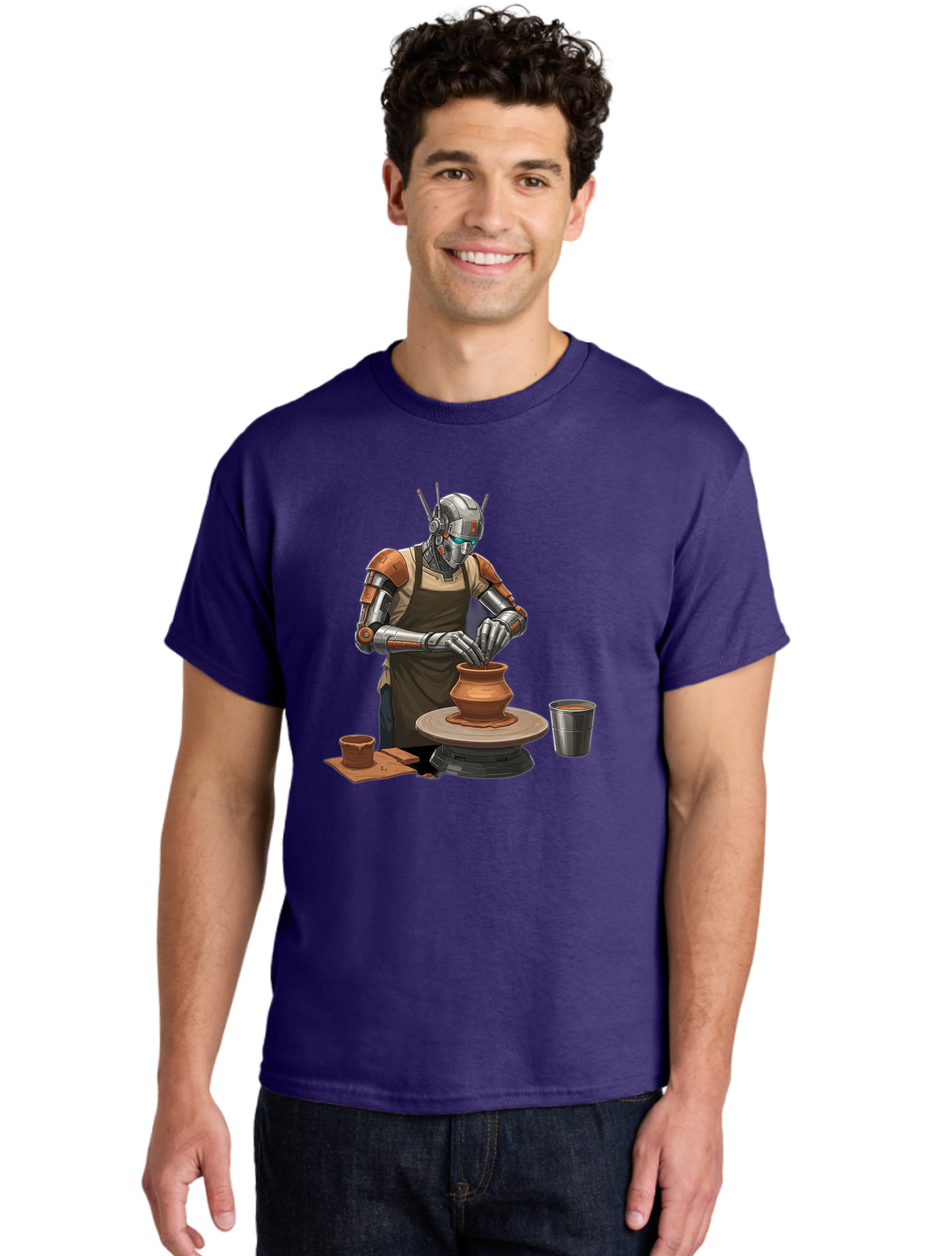 Robot-Potter Men'S Graphic Tee, 100% Cotton, Comfortable Casual Summer Wear, Machine Washable, Robot On Pottery Wheel, Clay Pot, Metal Cup, Robotic Hands, Creative Artwork, Futuristic Pottery, Artistic Creation, Mechanical Craftsmanship, Bab356