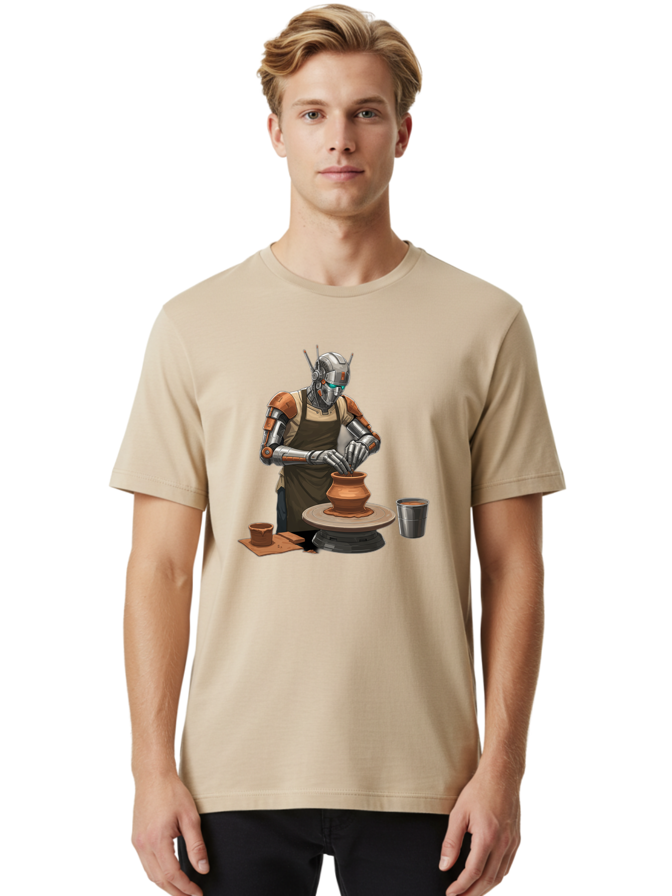 Robot-Potter Men'S Graphic Tee, 100% Cotton, Comfortable Casual Summer Wear, Machine Washable, Robot On Pottery Wheel, Clay Pot, Metal Cup, Robotic Hands, Creative Artwork, Futuristic Pottery, Artistic Creation, Mechanical Craftsmanship, Bab356