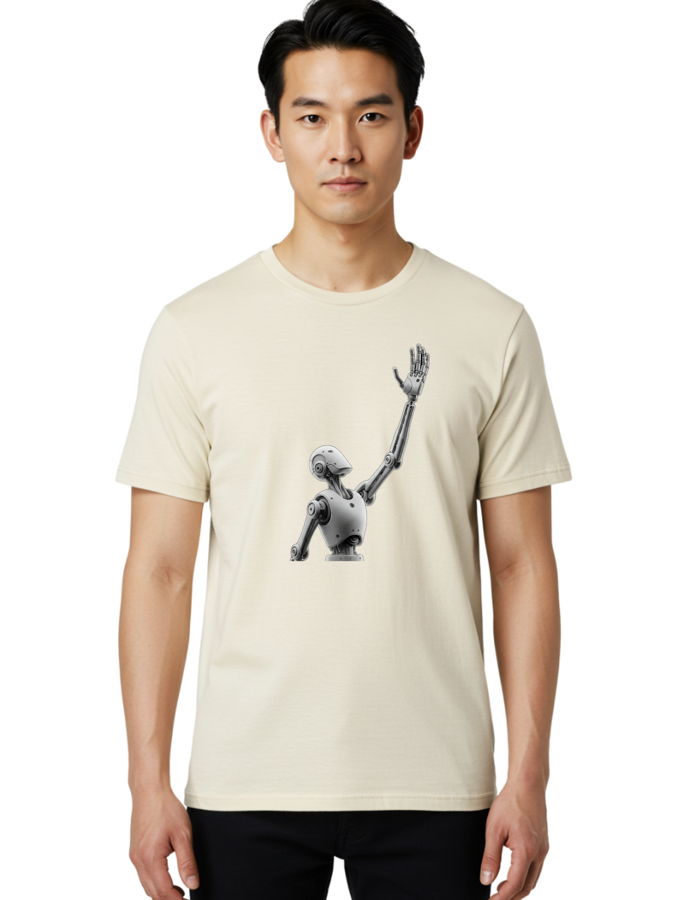 Robot-Waving Men'S Graphic Tee, 100% Cotton, Comfortable Casual Summer Wear, Machine Washable, Robot Waving Hand, Humanoid Robot, Robotic Arm, Mechanical Body, Futuristic Technology, Artificial Intelligence, Robot Greeting Bab358