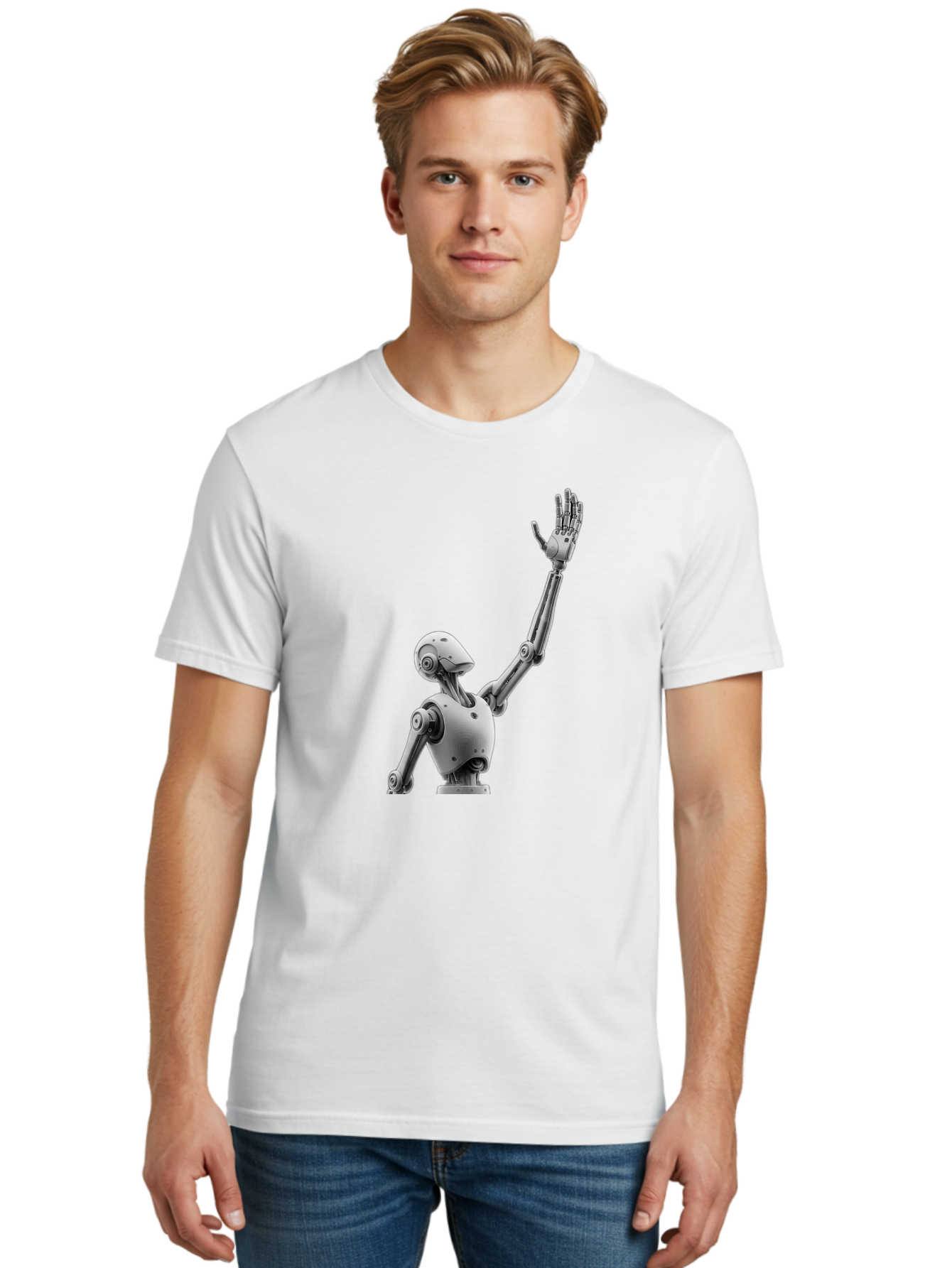 Robot-Waving Men'S Graphic Tee, 100% Cotton, Comfortable Casual Summer Wear, Machine Washable, Robot Waving Hand, Humanoid Robot, Robotic Arm, Mechanical Body, Futuristic Technology, Artificial Intelligence, Robot Greeting Bab358