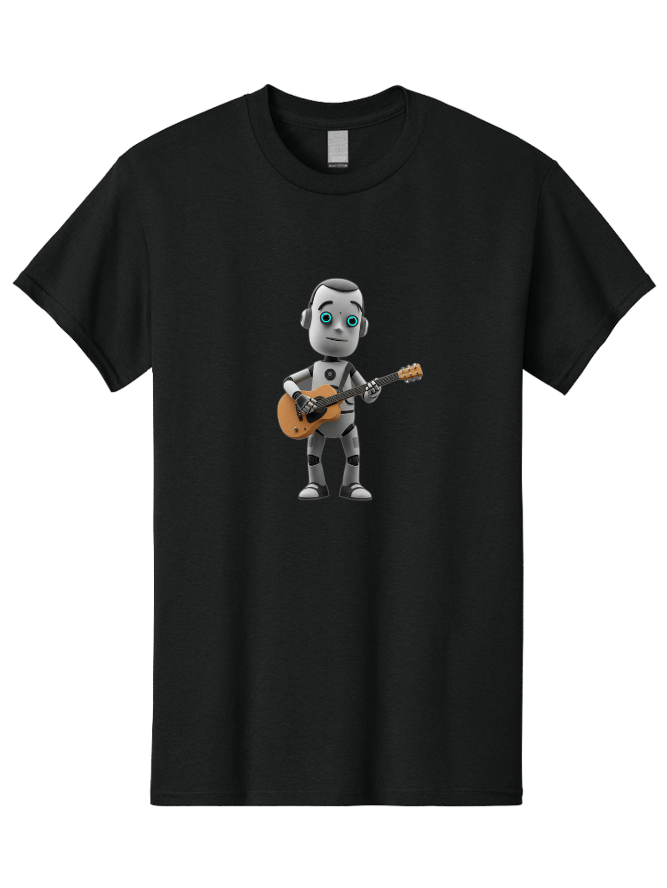 Robot-With-Guitar Men'S Graphic Tee, 100% Cotton, Comfortable Casual Summer Wear, Machine Washable, Robot Character, Playing Acoustic Guitar, Digital Art, Futuristic Design, Music Technology, Robot Musician, Cartoon Style, Blue Eyes, Bab359