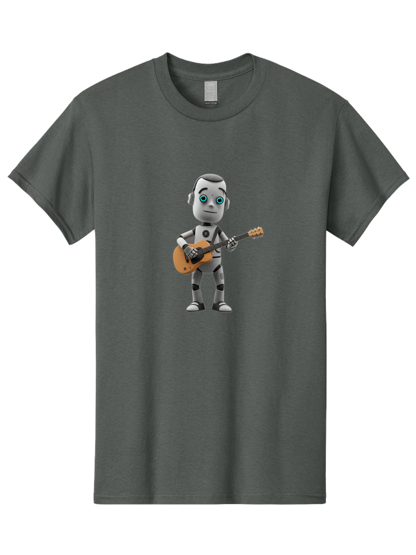 Robot-With-Guitar Men'S Graphic Tee, 100% Cotton, Comfortable Casual Summer Wear, Machine Washable, Robot Character, Playing Acoustic Guitar, Digital Art, Futuristic Design, Music Technology, Robot Musician, Cartoon Style, Blue Eyes, Bab359