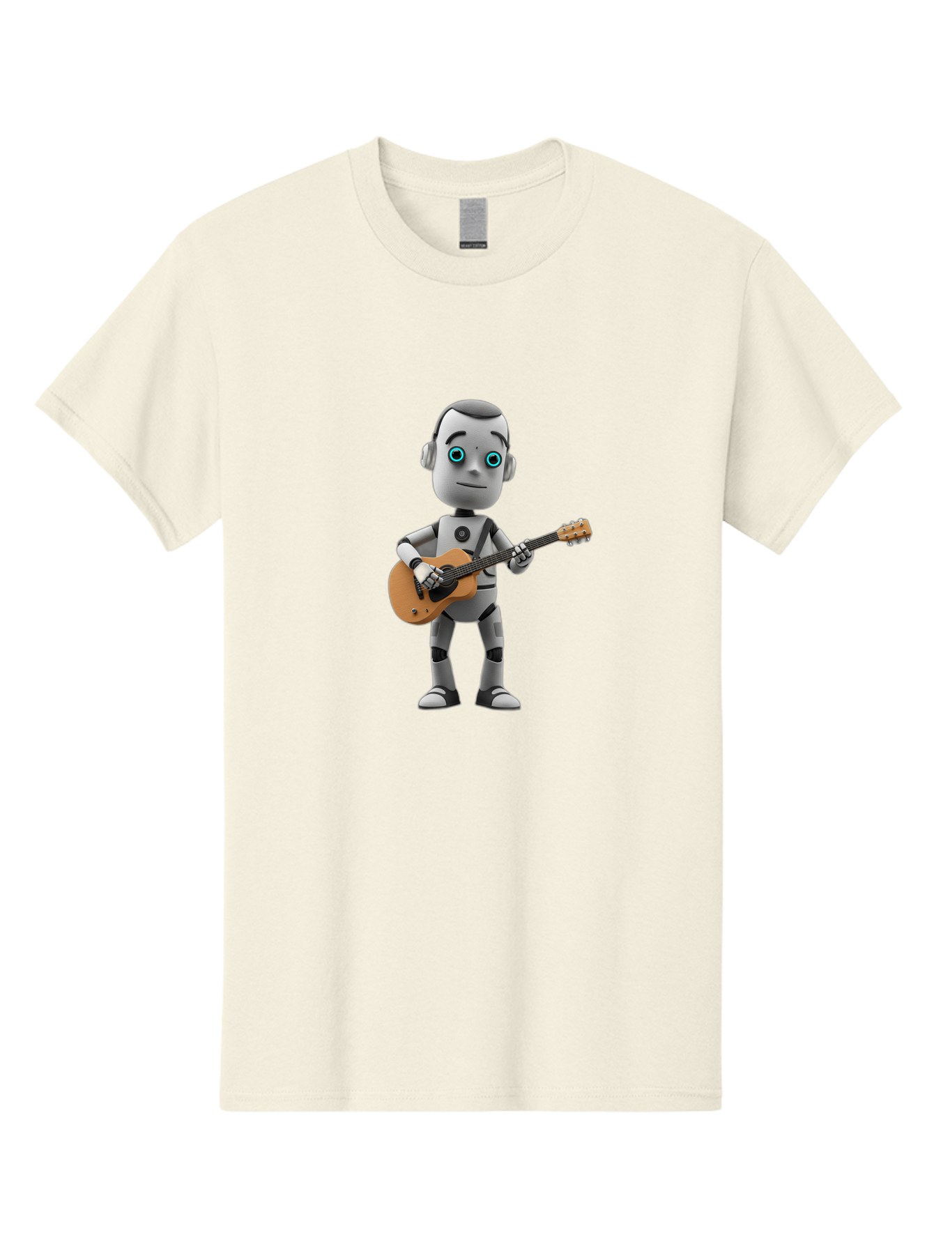 Robot-With-Guitar Men'S Graphic Tee, 100% Cotton, Comfortable Casual Summer Wear, Machine Washable, Robot Character, Playing Acoustic Guitar, Digital Art, Futuristic Design, Music Technology, Robot Musician, Cartoon Style, Blue Eyes, Bab359