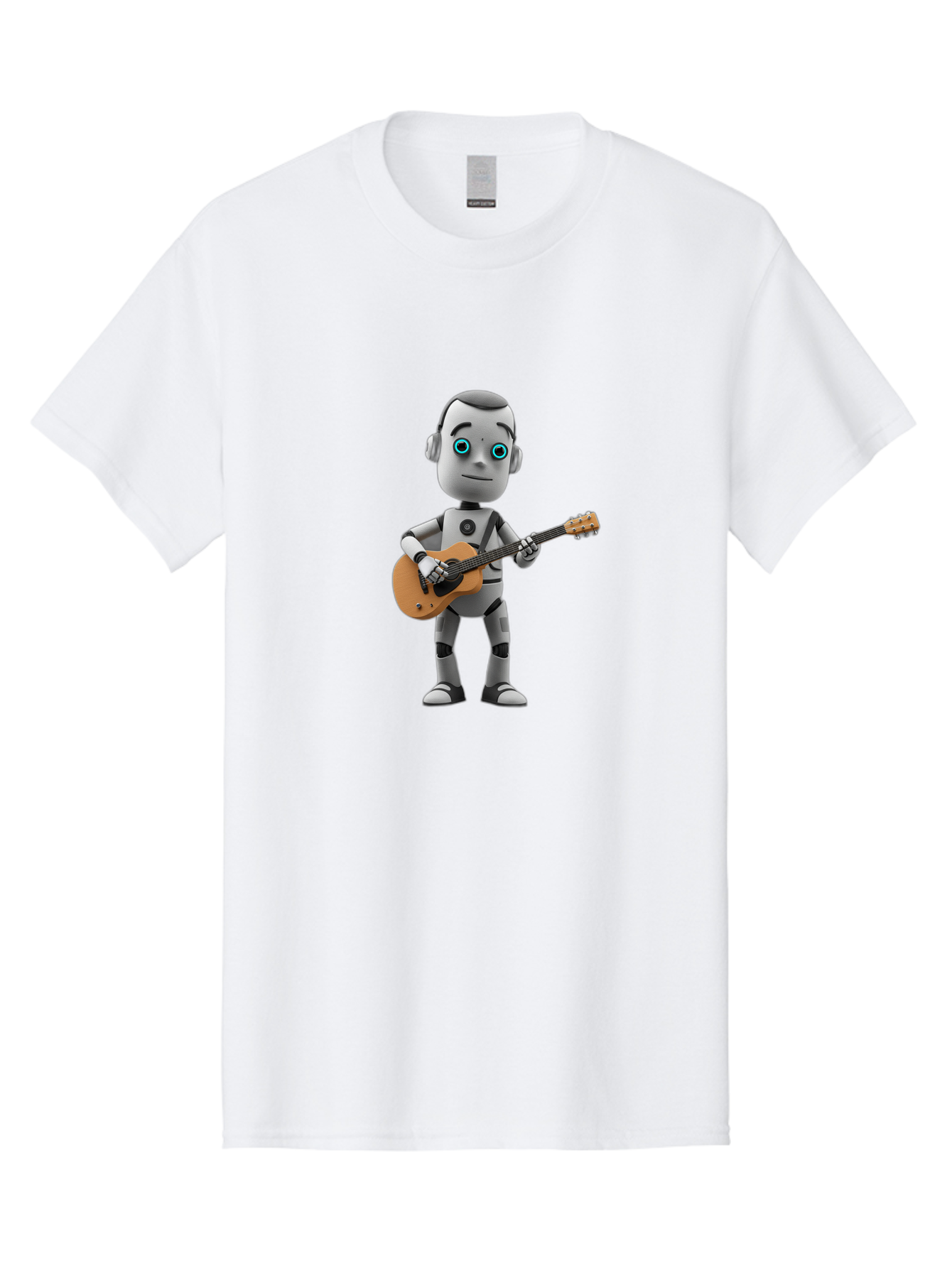 Robot-With-Guitar Men'S Graphic Tee, 100% Cotton, Comfortable Casual Summer Wear, Machine Washable, Robot Character, Playing Acoustic Guitar, Digital Art, Futuristic Design, Music Technology, Robot Musician, Cartoon Style, Blue Eyes, Bab359