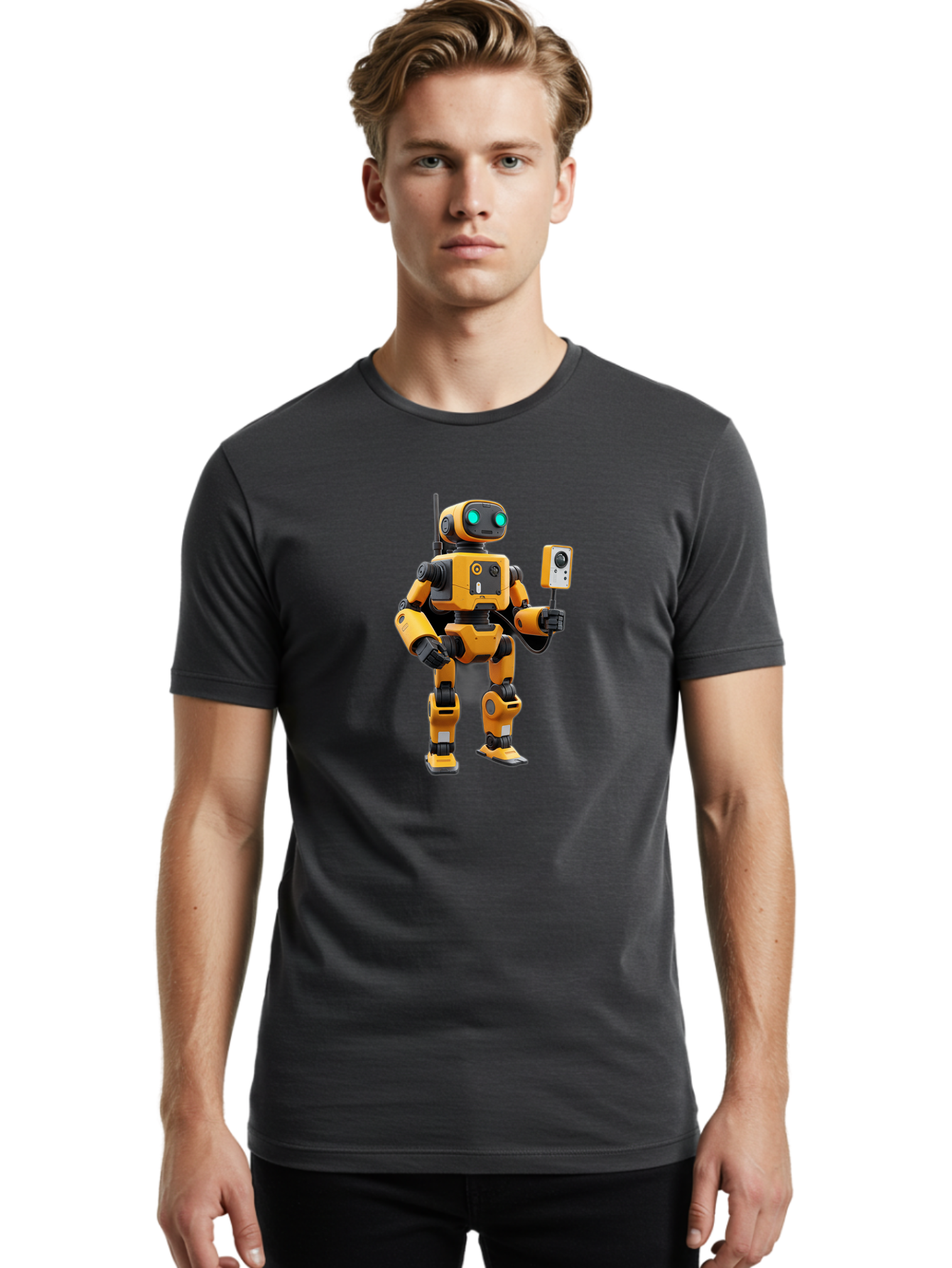 Robot-With-Selfie-Stick Men'S Graphic Tee, 100% Cotton, Comfortable Casual Summer Wear, Machine Washable, Robotic Figure, Humanoid Robot, Artificial Intelligence, Futuristic Technology, Robot Holding Device, Mechanical Limbs, Bab360