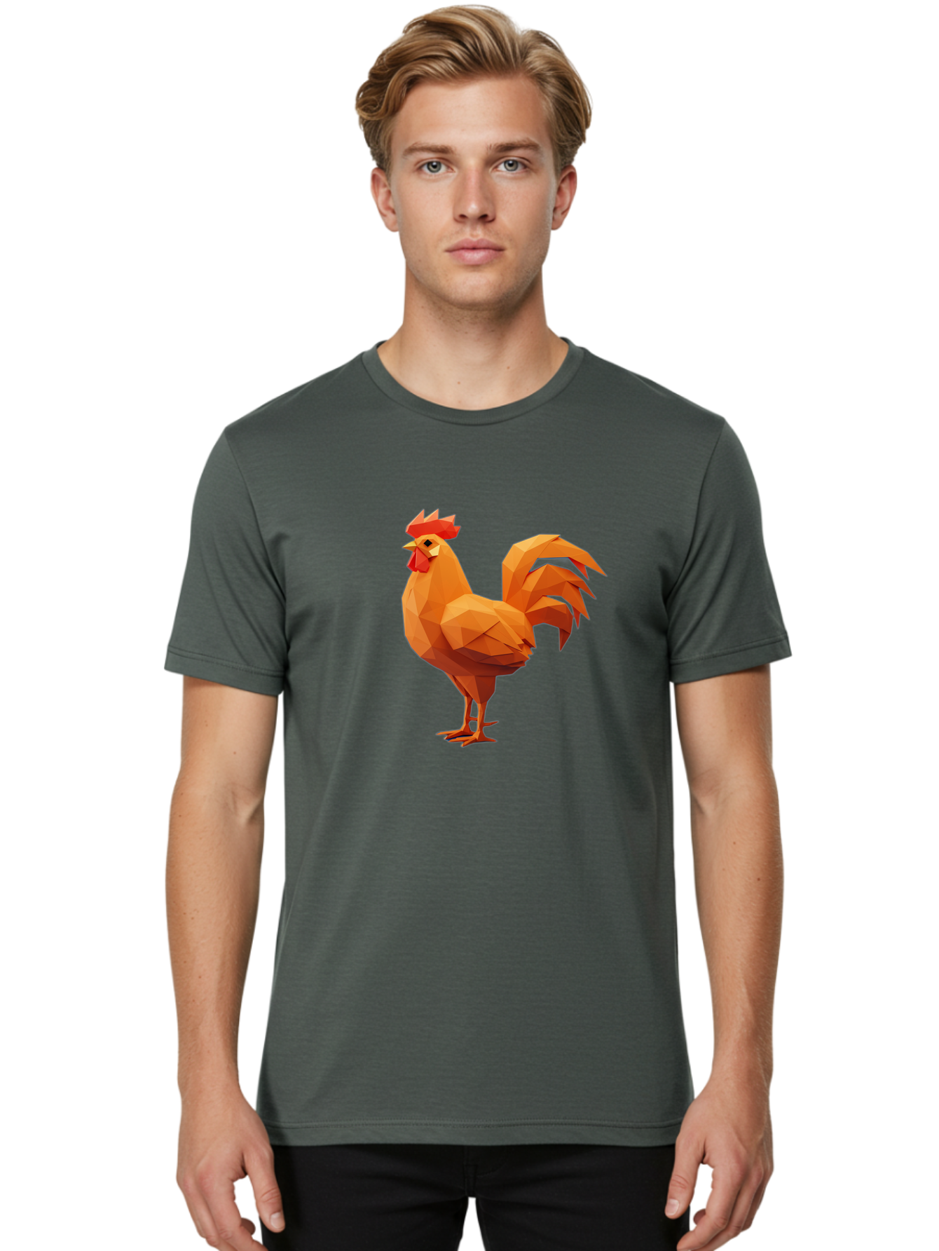 Rooster Men'S Graphic Tee, 100% Cotton, Comfortable Casual Summer Wear, Machine Washable, Low Poly Rooster, Orange Rooster, 3D Rooster, Polygonal Art, Geometric Animal, Farm Animal, Rooster Illustration, Modern Rooster Design, Digital Art Bab363