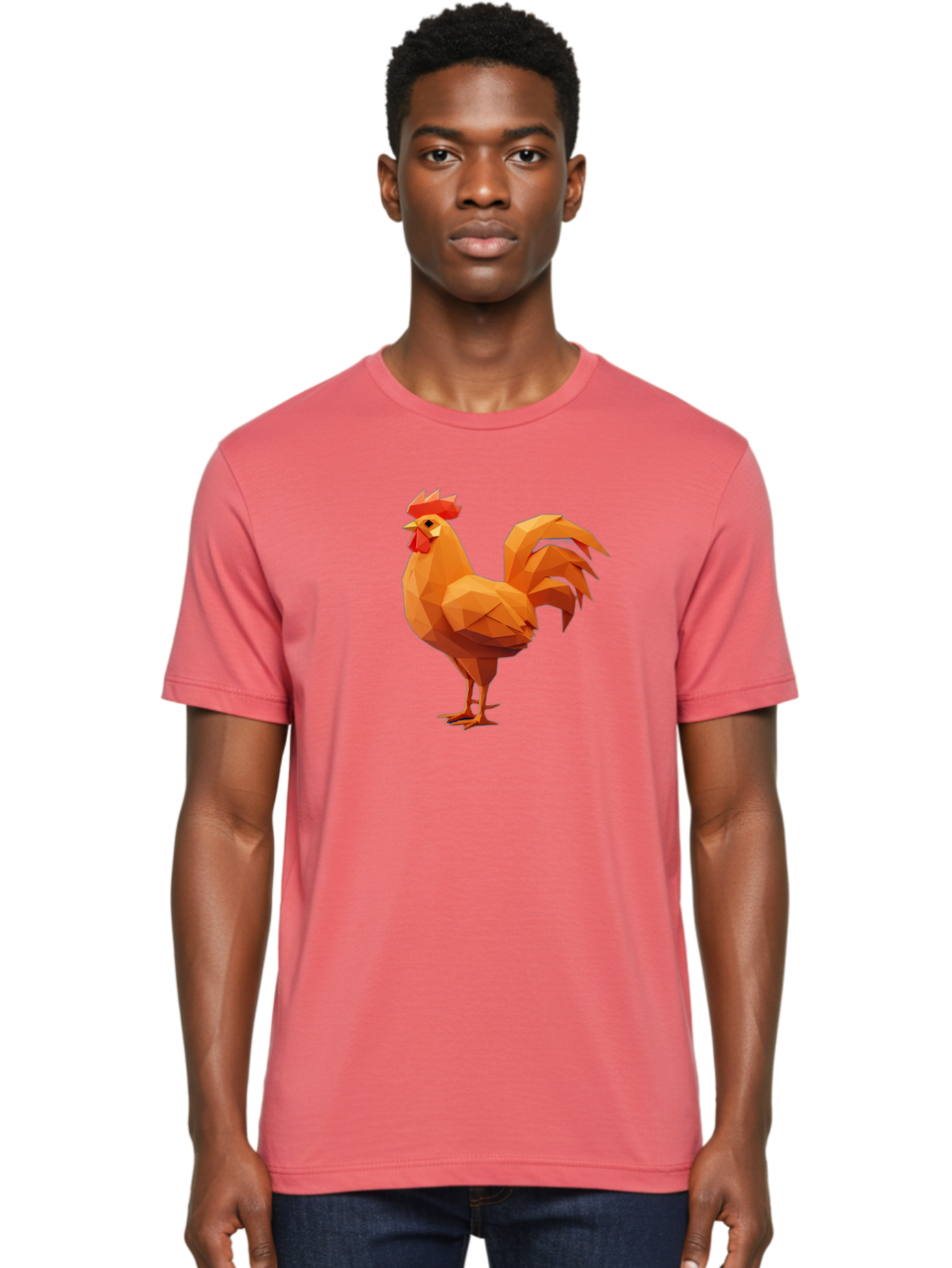 Rooster Men'S Graphic Tee, 100% Cotton, Comfortable Casual Summer Wear, Machine Washable, Low Poly Rooster, Orange Rooster, 3D Rooster, Polygonal Art, Geometric Animal, Farm Animal, Rooster Illustration, Modern Rooster Design, Digital Art Bab363