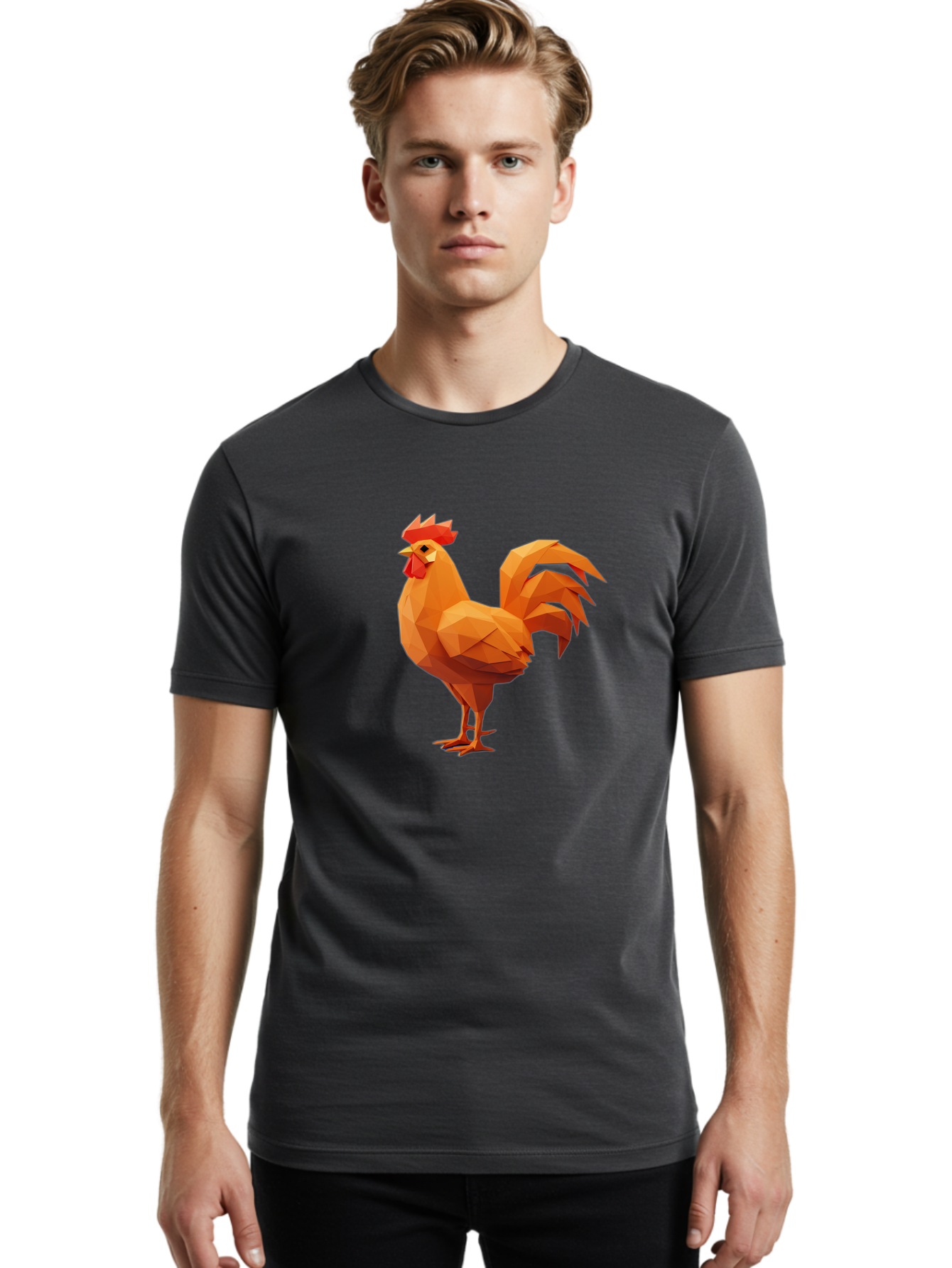 Rooster Men'S Graphic Tee, 100% Cotton, Comfortable Casual Summer Wear, Machine Washable, Low Poly Rooster, Orange Rooster, 3D Rooster, Polygonal Art, Geometric Animal, Farm Animal, Rooster Illustration, Modern Rooster Design, Digital Art Bab363