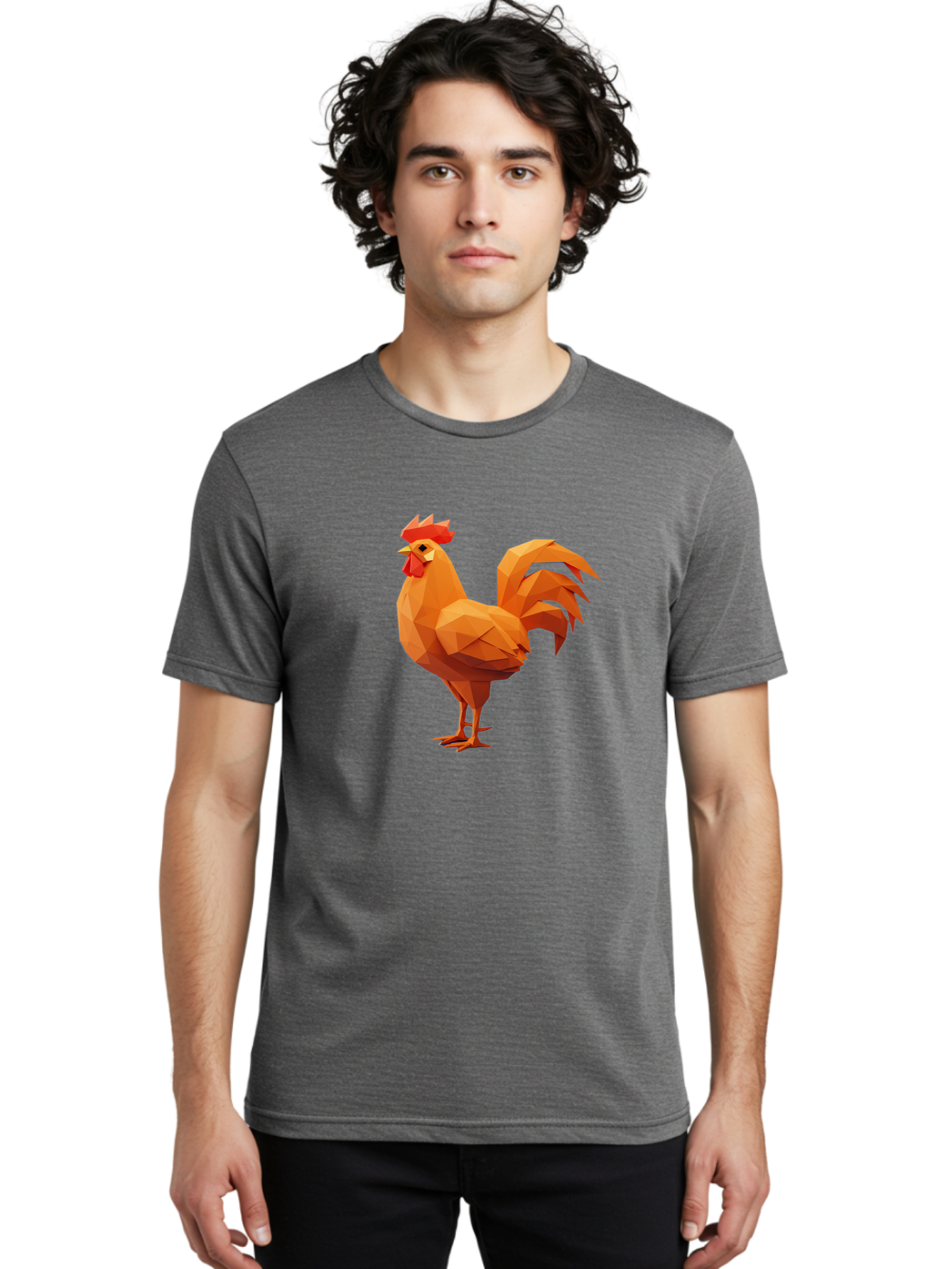Rooster Men'S Graphic Tee, 100% Cotton, Comfortable Casual Summer Wear, Machine Washable, Low Poly Rooster, Orange Rooster, 3D Rooster, Polygonal Art, Geometric Animal, Farm Animal, Rooster Illustration, Modern Rooster Design, Digital Art Bab363