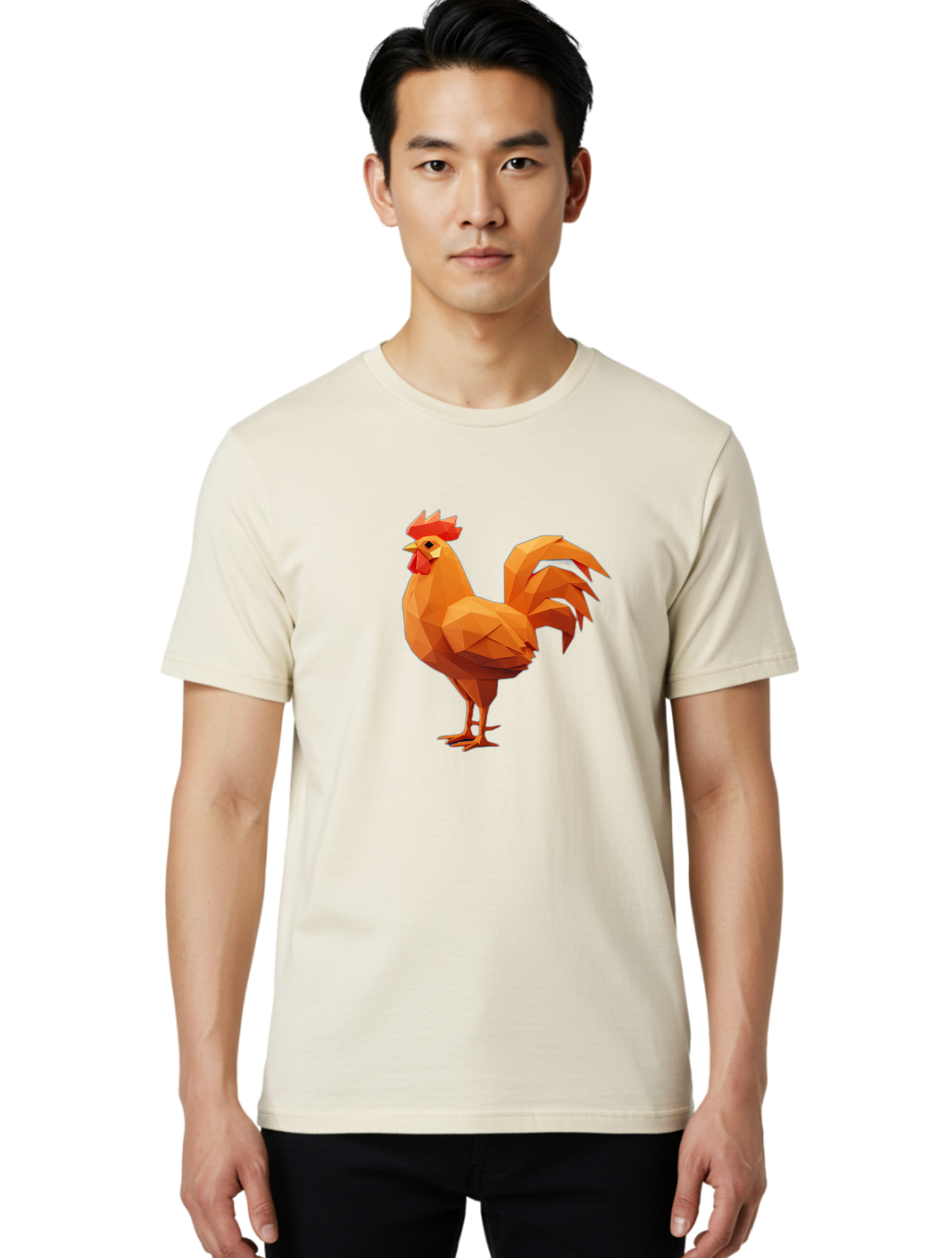Rooster Men'S Graphic Tee, 100% Cotton, Comfortable Casual Summer Wear, Machine Washable, Low Poly Rooster, Orange Rooster, 3D Rooster, Polygonal Art, Geometric Animal, Farm Animal, Rooster Illustration, Modern Rooster Design, Digital Art Bab363