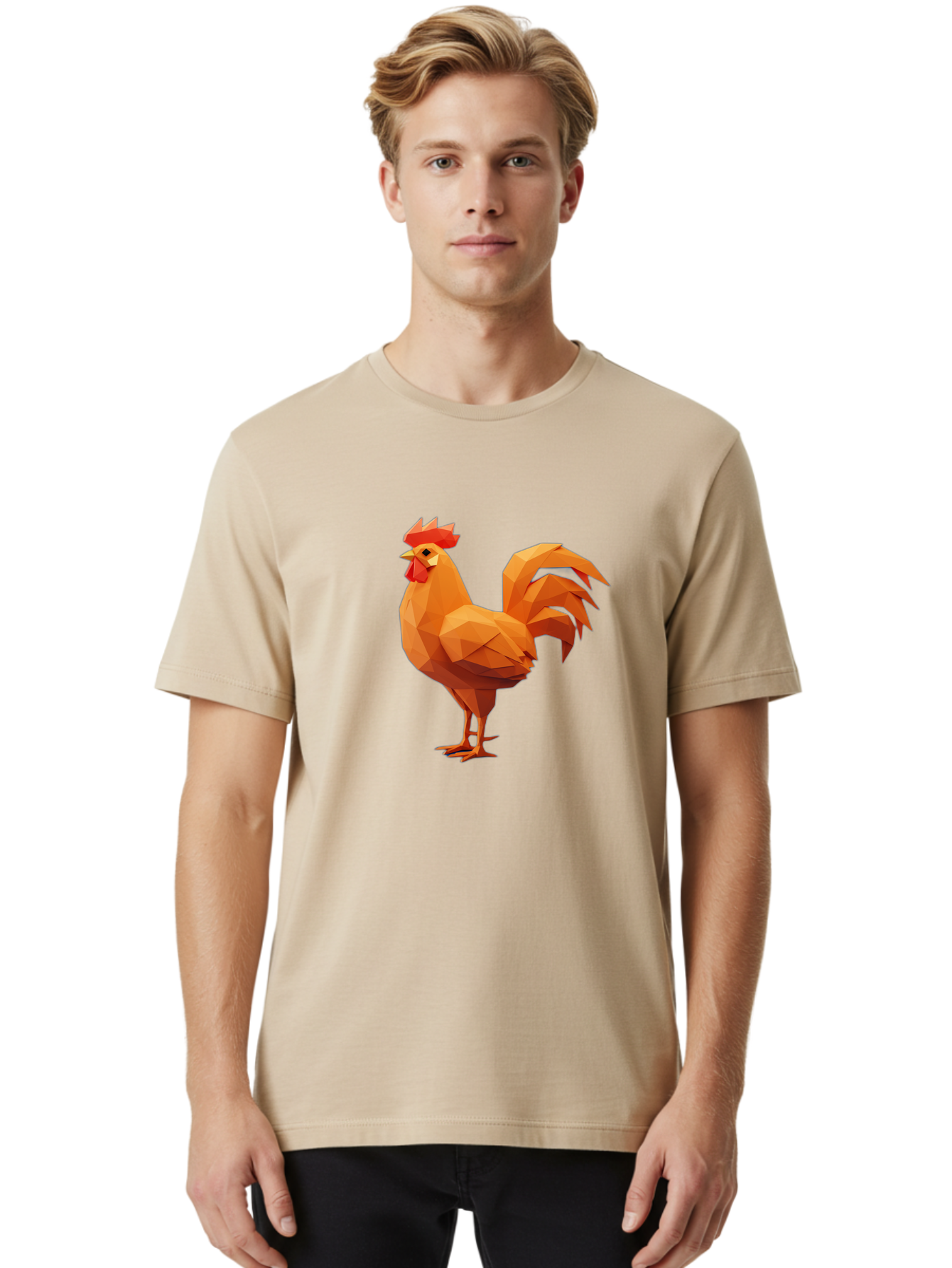 Rooster Men'S Graphic Tee, 100% Cotton, Comfortable Casual Summer Wear, Machine Washable, Low Poly Rooster, Orange Rooster, 3D Rooster, Polygonal Art, Geometric Animal, Farm Animal, Rooster Illustration, Modern Rooster Design, Digital Art Bab363