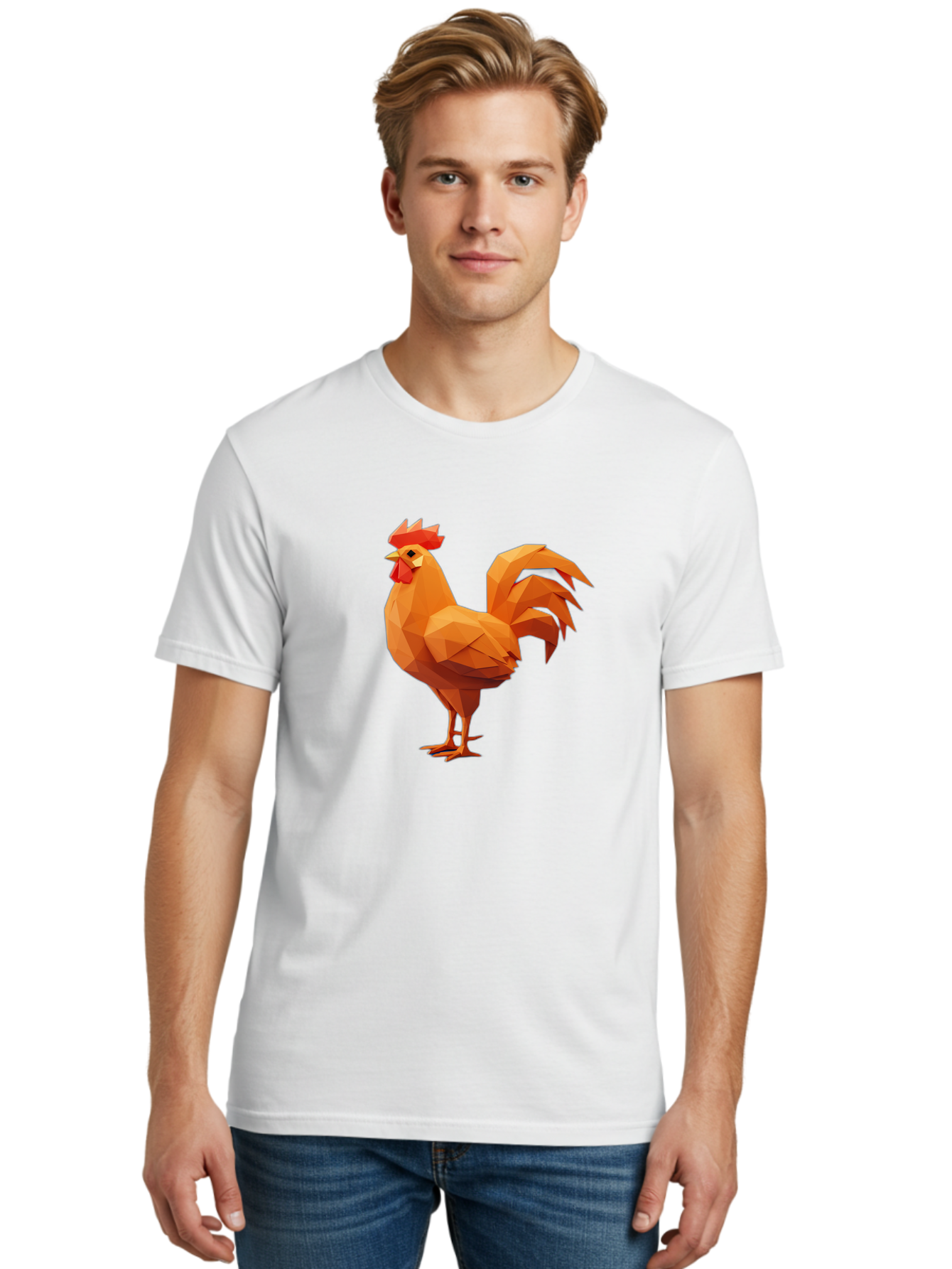 Rooster Men'S Graphic Tee, 100% Cotton, Comfortable Casual Summer Wear, Machine Washable, Low Poly Rooster, Orange Rooster, 3D Rooster, Polygonal Art, Geometric Animal, Farm Animal, Rooster Illustration, Modern Rooster Design, Digital Art Bab363