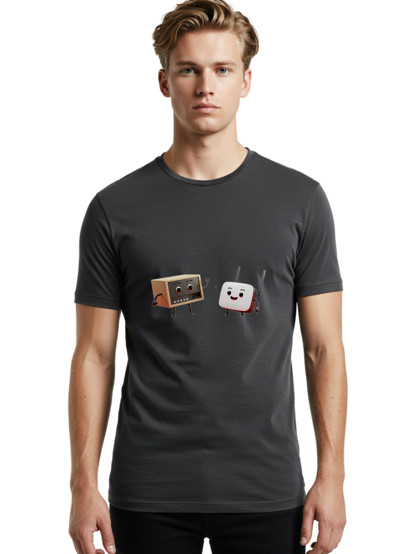 Router-And-Radio Men'S Graphic Tee, 100% Cotton, Comfortable Casual Summer Wear, Machine Washable, Anthropomorphic Router, Anthropomorphic Radio, Funny Characters, Cartoon Devices, Smiling Faces, Wireless Technology, Nostalgic Radio, Bab364