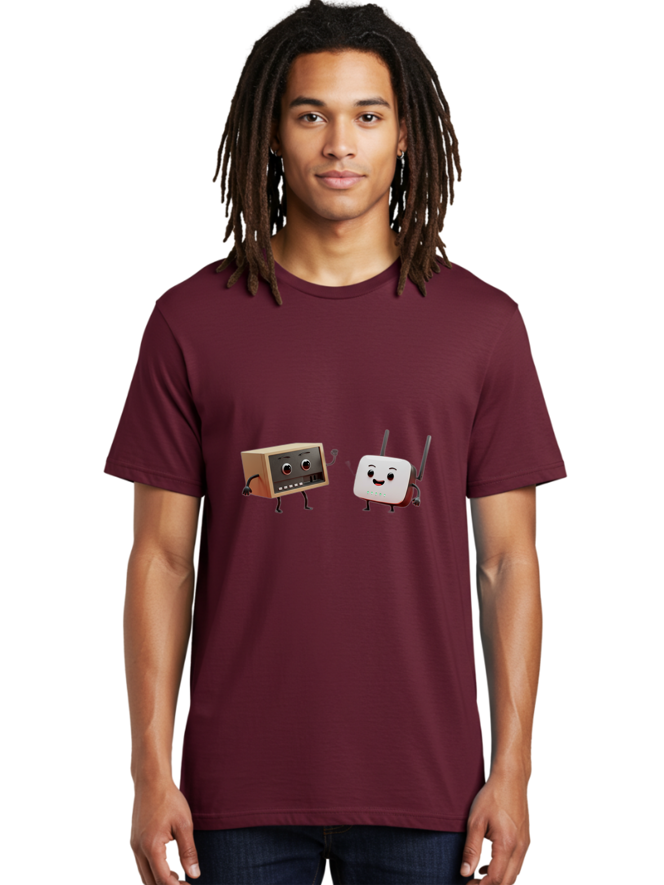 Router-And-Radio Men'S Graphic Tee, 100% Cotton, Comfortable Casual Summer Wear, Machine Washable, Anthropomorphic Router, Anthropomorphic Radio, Funny Characters, Cartoon Devices, Smiling Faces, Wireless Technology, Nostalgic Radio, Bab364