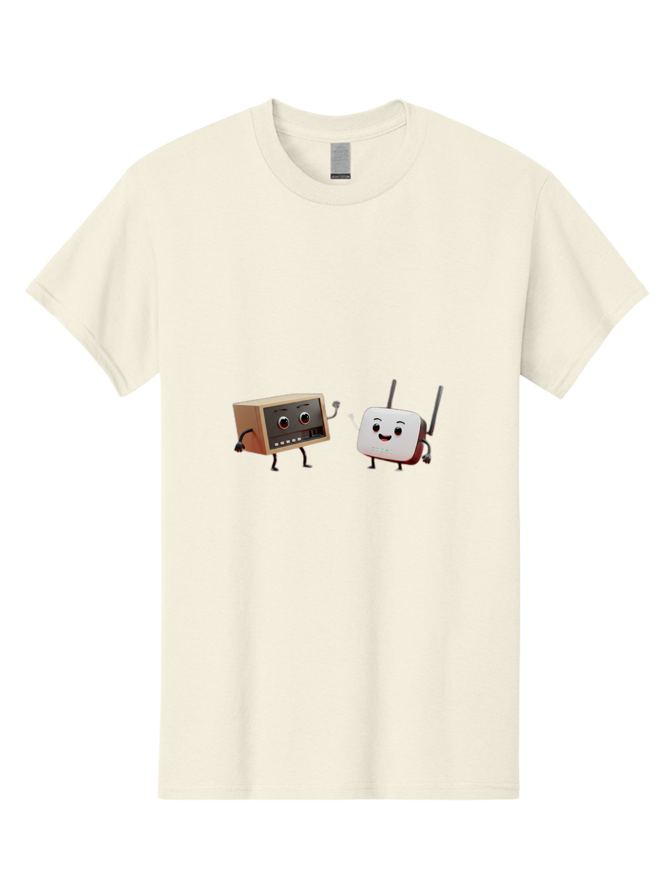 Router-And-Radio Men'S Graphic Tee, 100% Cotton, Comfortable Casual Summer Wear, Machine Washable, Anthropomorphic Router, Anthropomorphic Radio, Funny Characters, Cartoon Devices, Smiling Faces, Wireless Technology, Nostalgic Radio, Bab364