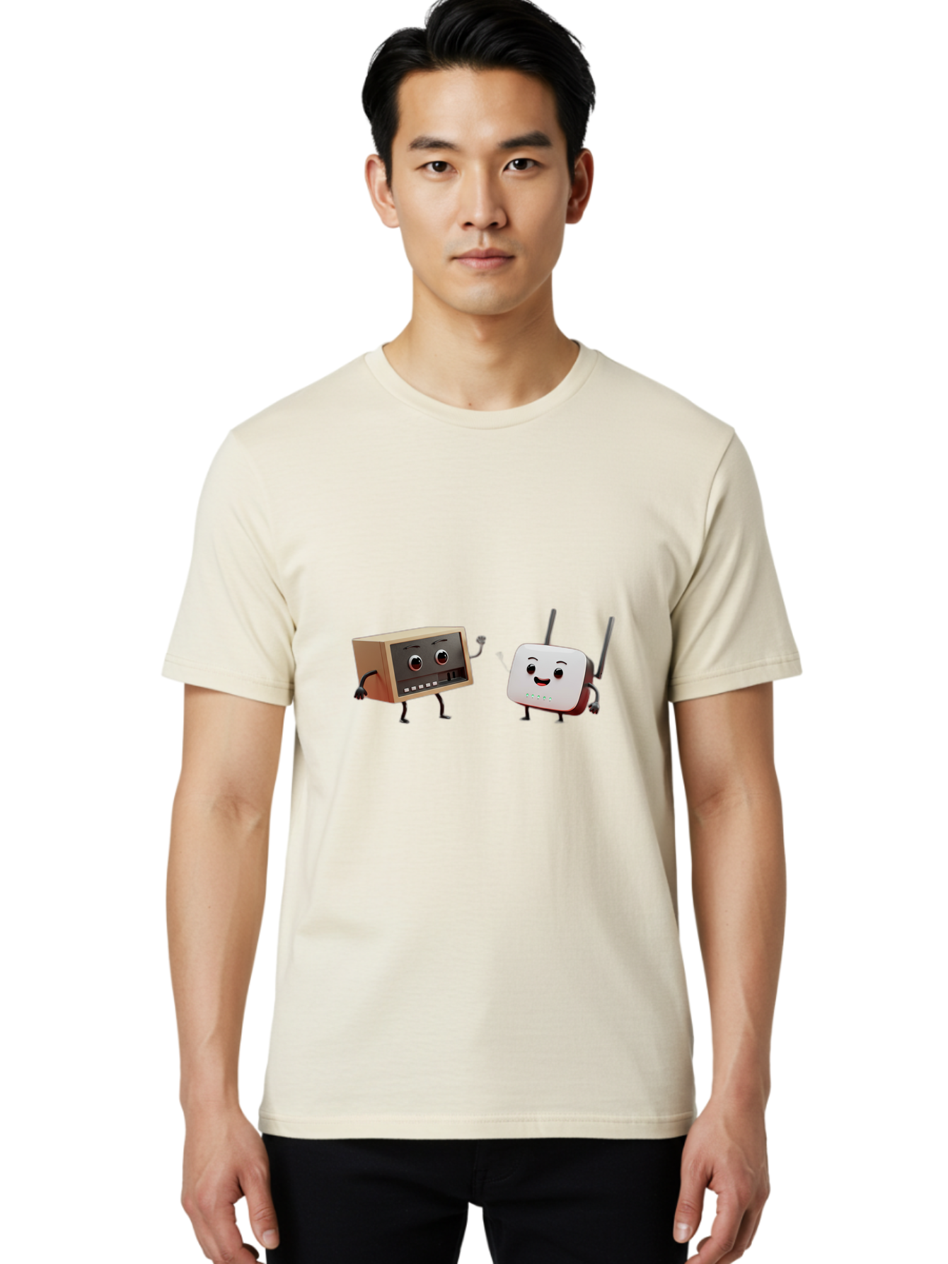 Router-And-Radio Men'S Graphic Tee, 100% Cotton, Comfortable Casual Summer Wear, Machine Washable, Anthropomorphic Router, Anthropomorphic Radio, Funny Characters, Cartoon Devices, Smiling Faces, Wireless Technology, Nostalgic Radio, Bab364