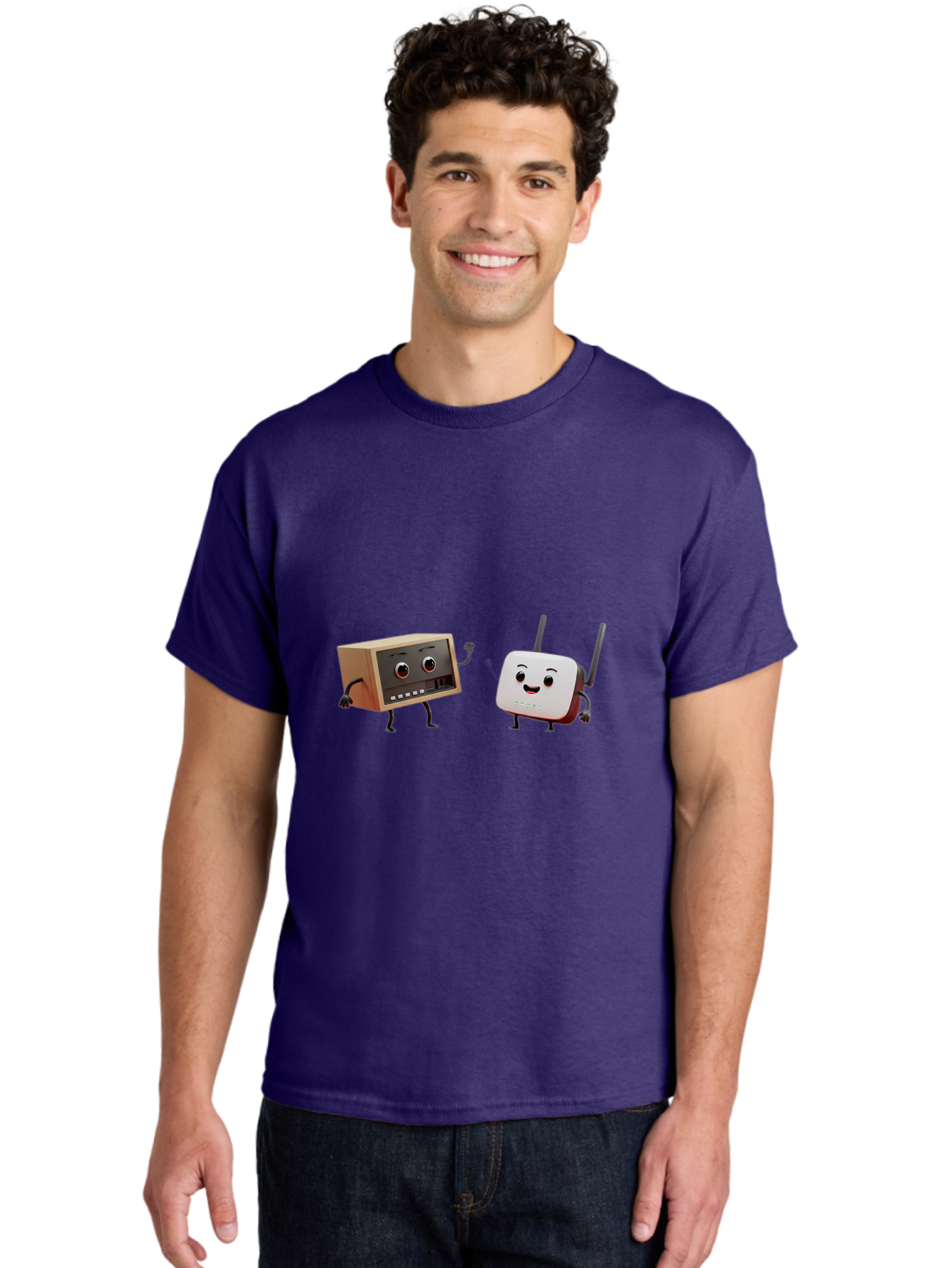 Router-And-Radio Men'S Graphic Tee, 100% Cotton, Comfortable Casual Summer Wear, Machine Washable, Anthropomorphic Router, Anthropomorphic Radio, Funny Characters, Cartoon Devices, Smiling Faces, Wireless Technology, Nostalgic Radio, Bab364
