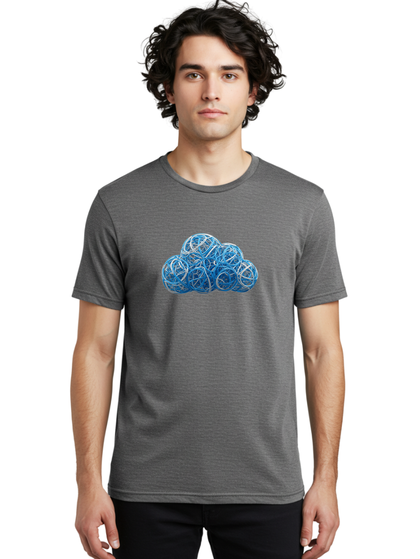 Rubber-Band-Cloud Men'S Graphic Tee, 100% Cotton, Comfortable Casual Summer Wear, Machine Washable, Blue Wires, Cloud Shape, Abstract Composition, Tangled Wires, Modern Design, Creative Art, Blue And White Hues, Spherical Forms, Bab365