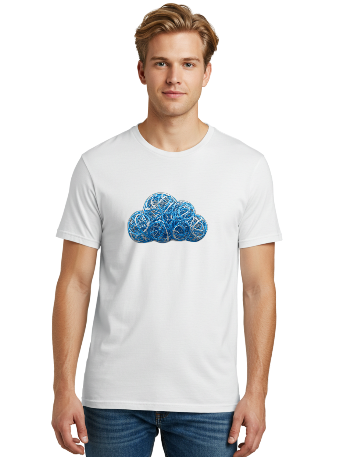 Rubber-Band-Cloud Men'S Graphic Tee, 100% Cotton, Comfortable Casual Summer Wear, Machine Washable, Blue Wires, Cloud Shape, Abstract Composition, Tangled Wires, Modern Design, Creative Art, Blue And White Hues, Spherical Forms, Bab365